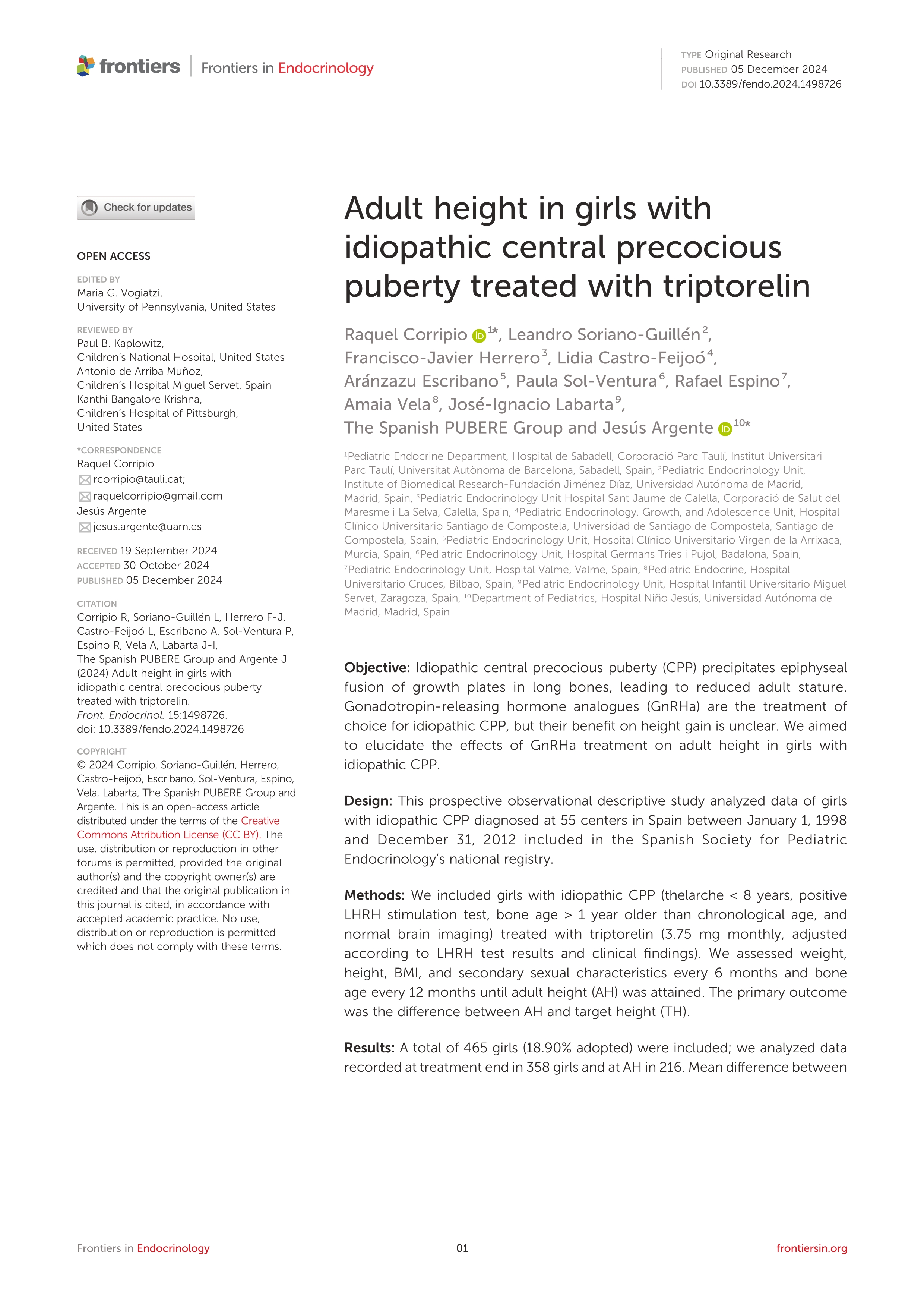 Adult height in girls with idiopathic central precocious puberty treated with triptorelin