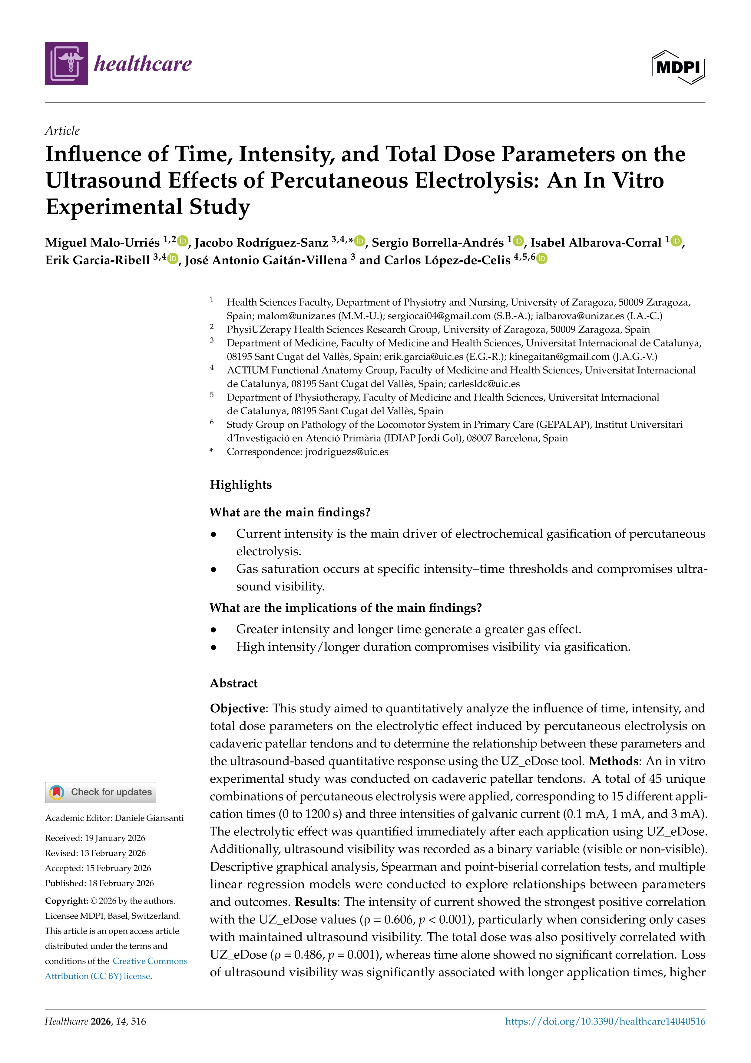 Influence of time, intensity, and total dose parameters on the ultrasound effects of percutaneous electrolysis: an in vitro experimental study