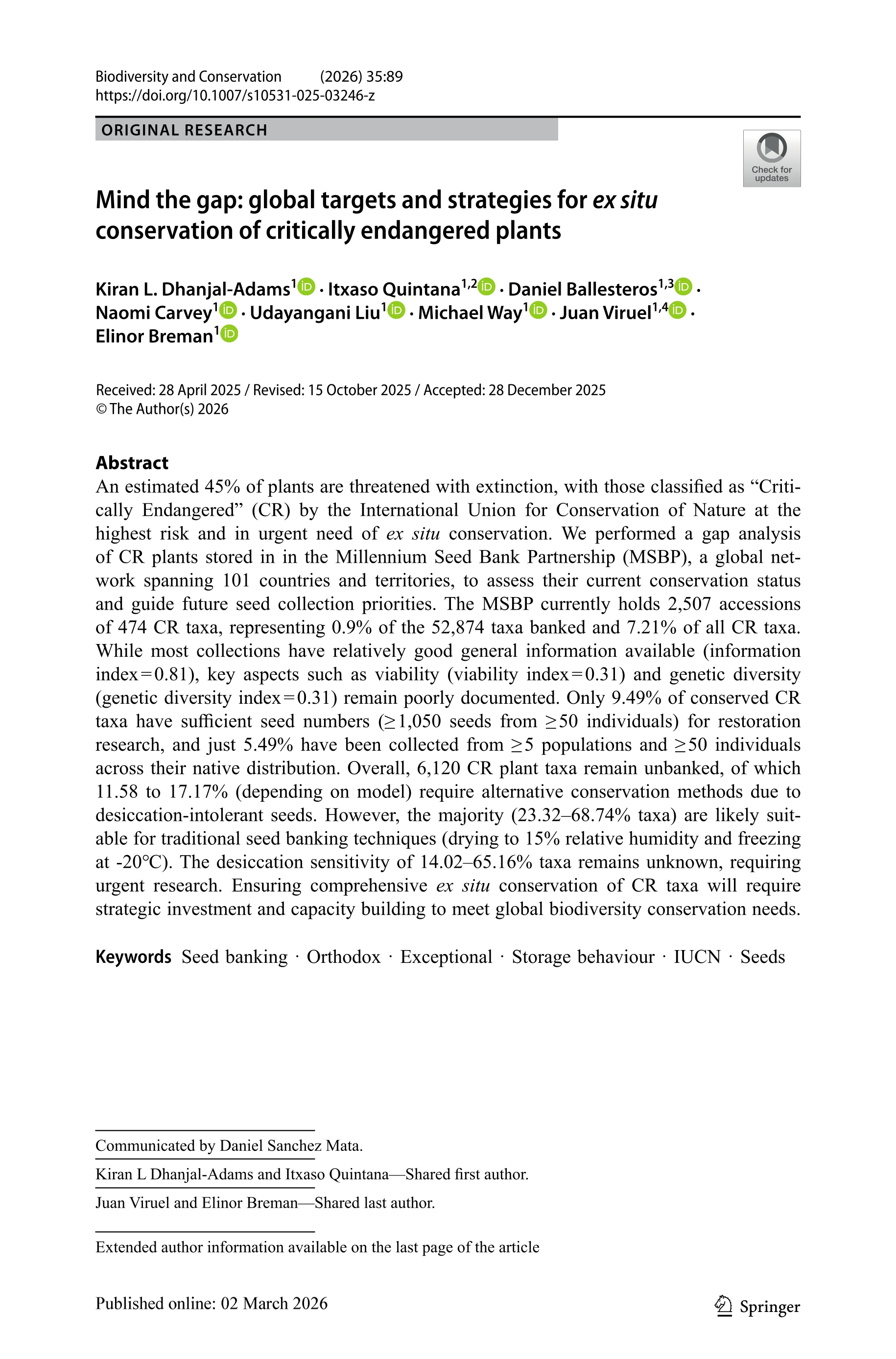 Mind the gap: global targets and strategies for ex situ conservation of critically endangered plants