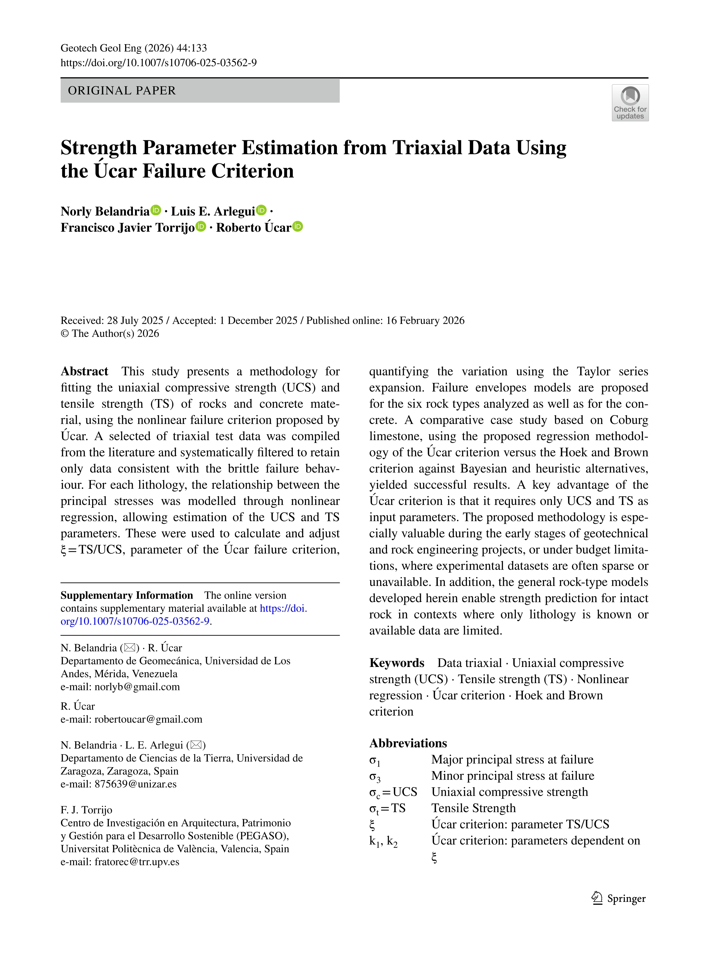 Strength parameter estimation from triaxial data using the úcar failure criterion