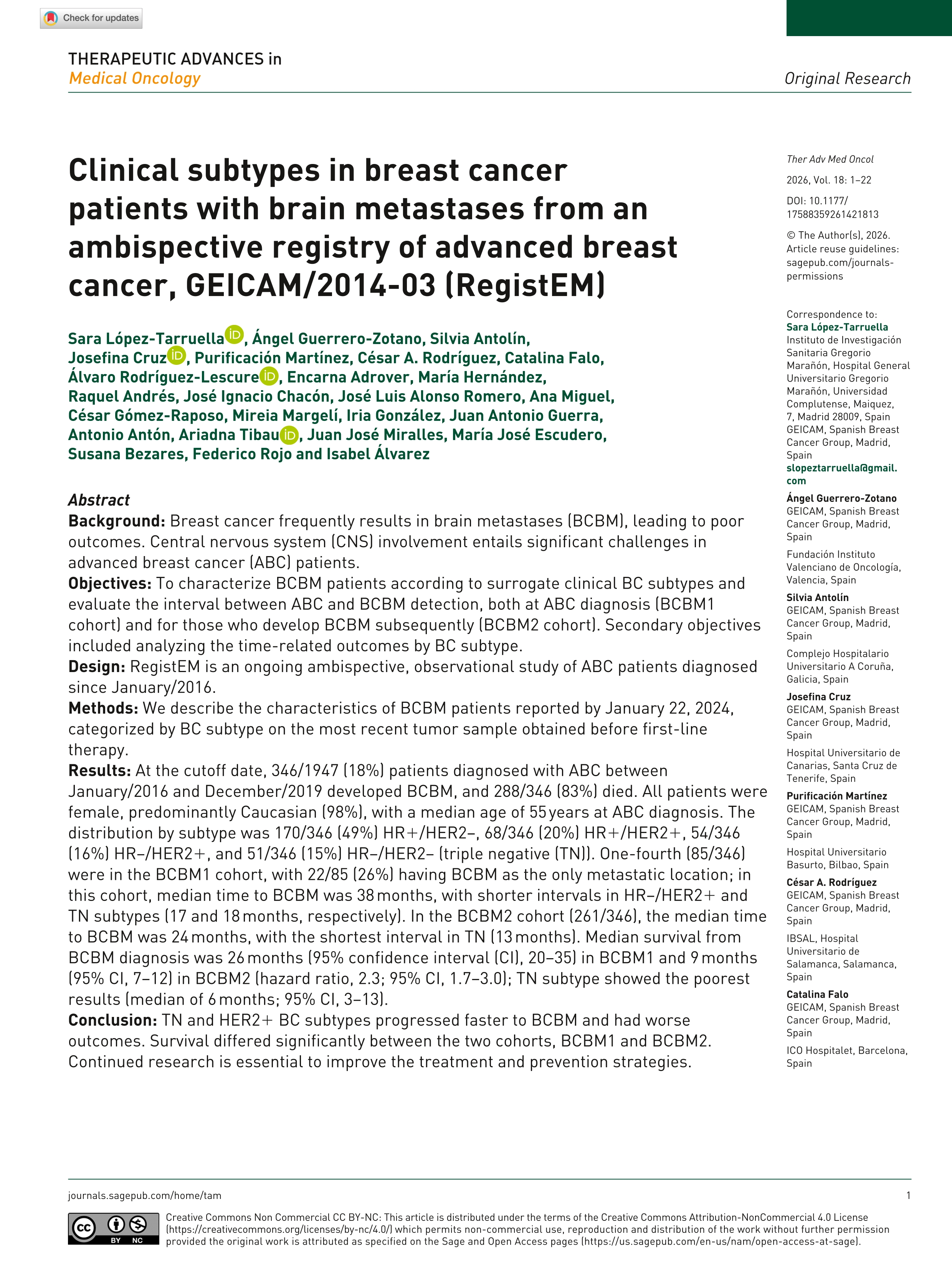 Clinical subtypes in breast cancer patients with brain metastases from an ambispective registry of advanced breast cancer, GEICAM/2014-03 (RegistEM)