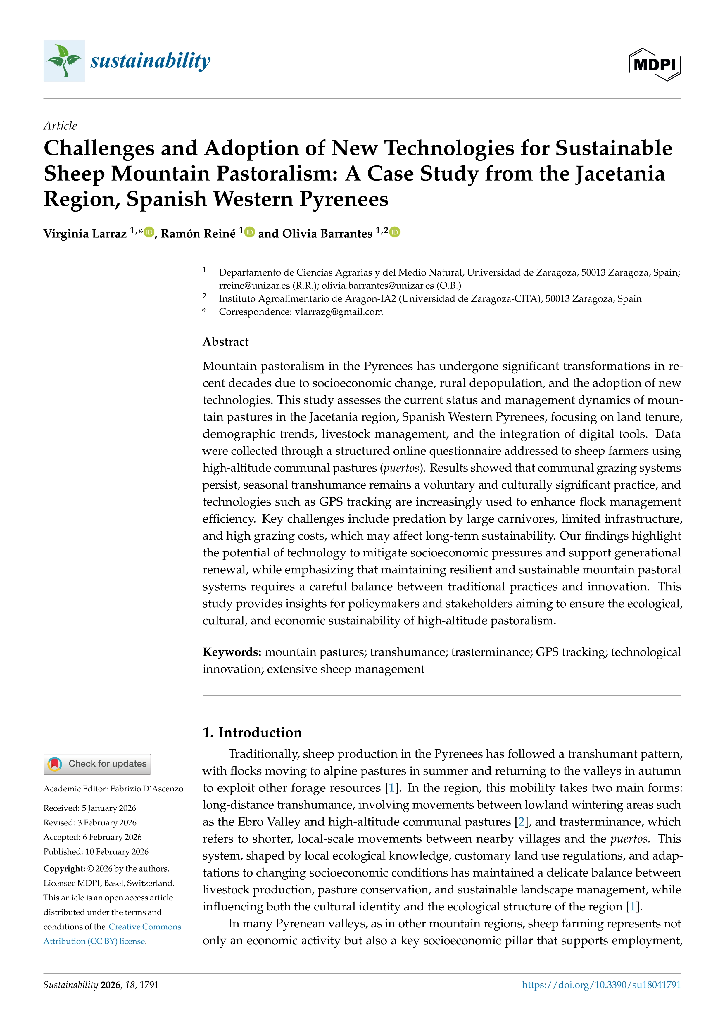 Challenges and adoption of new technologies for sustainable sheep mountain pastoralism: a case study from the Jacetania region, Spanish Western Pyrenees