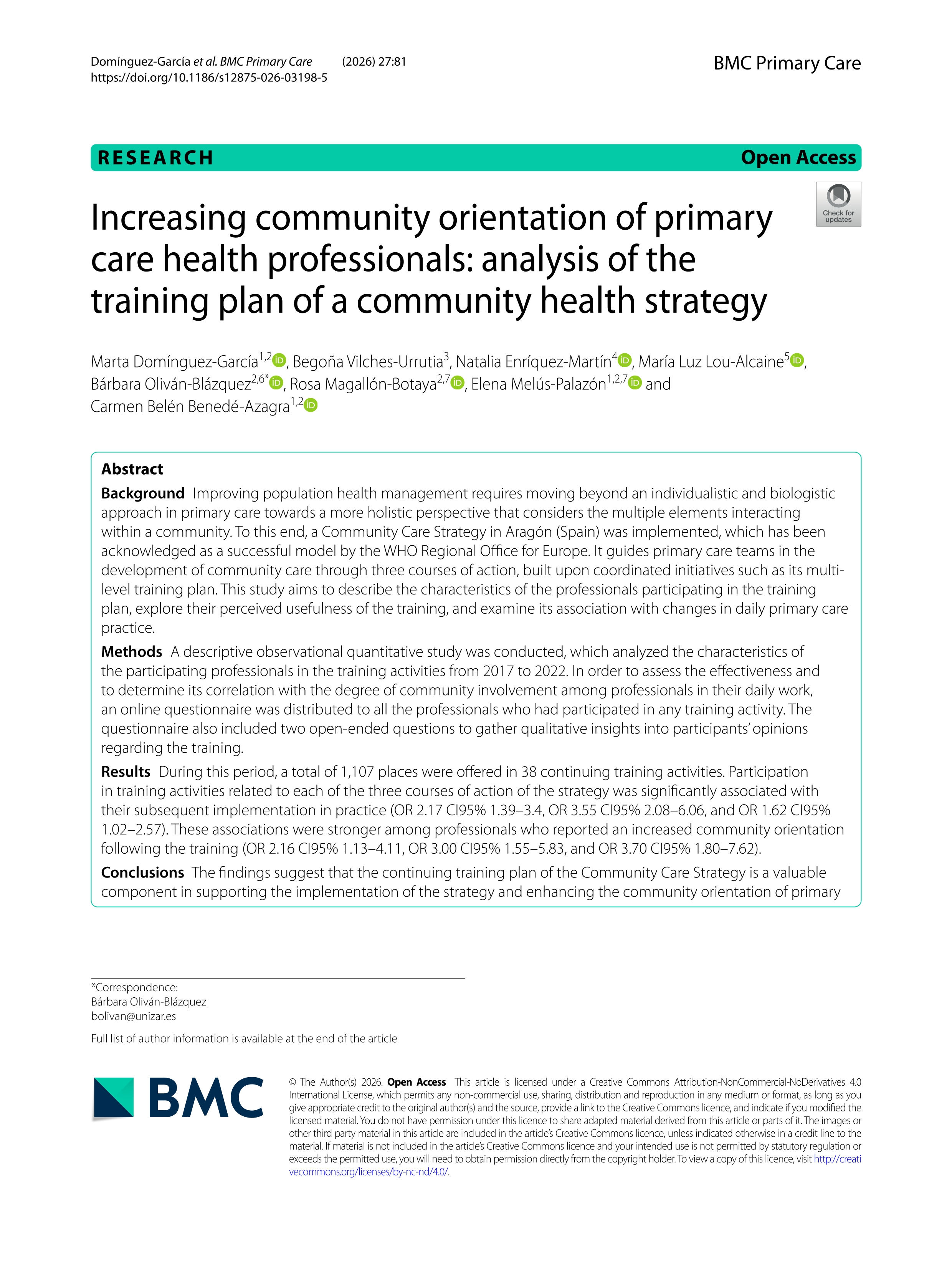 Increasing community orientation of primary care health professionals: analysis of the training plan of a community health strategy