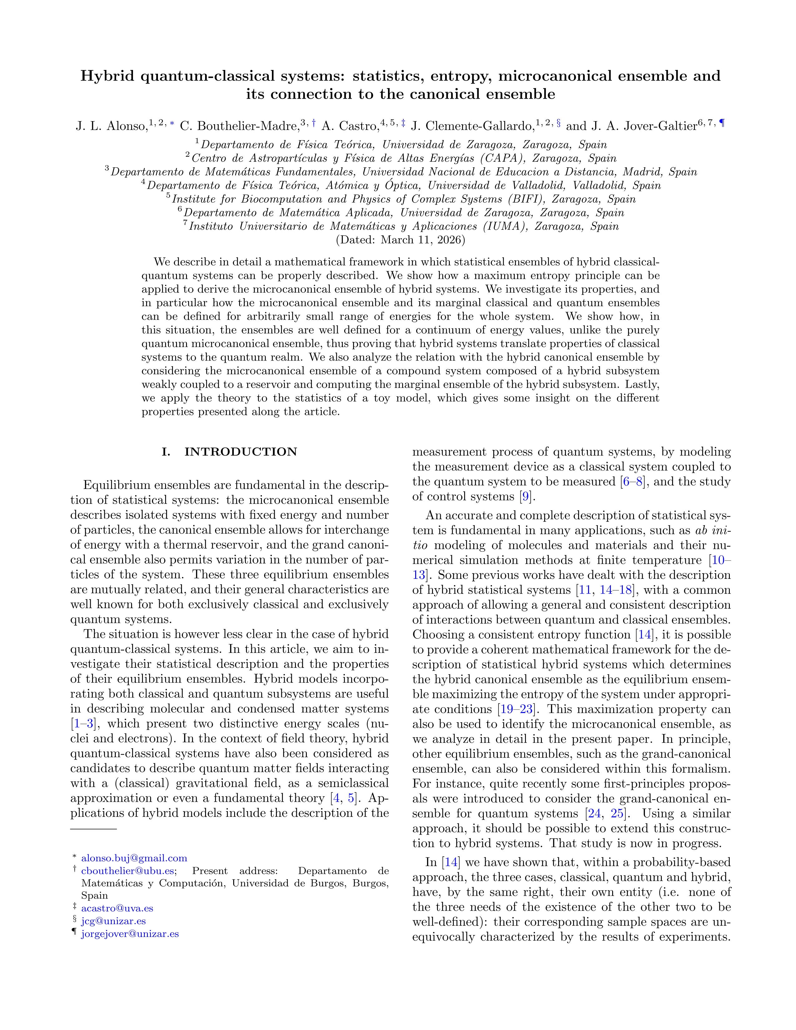 Hybrid quantum-classical systems: Statistics, entropy, microcanonical ensemble and its connection to the canonical ensemble