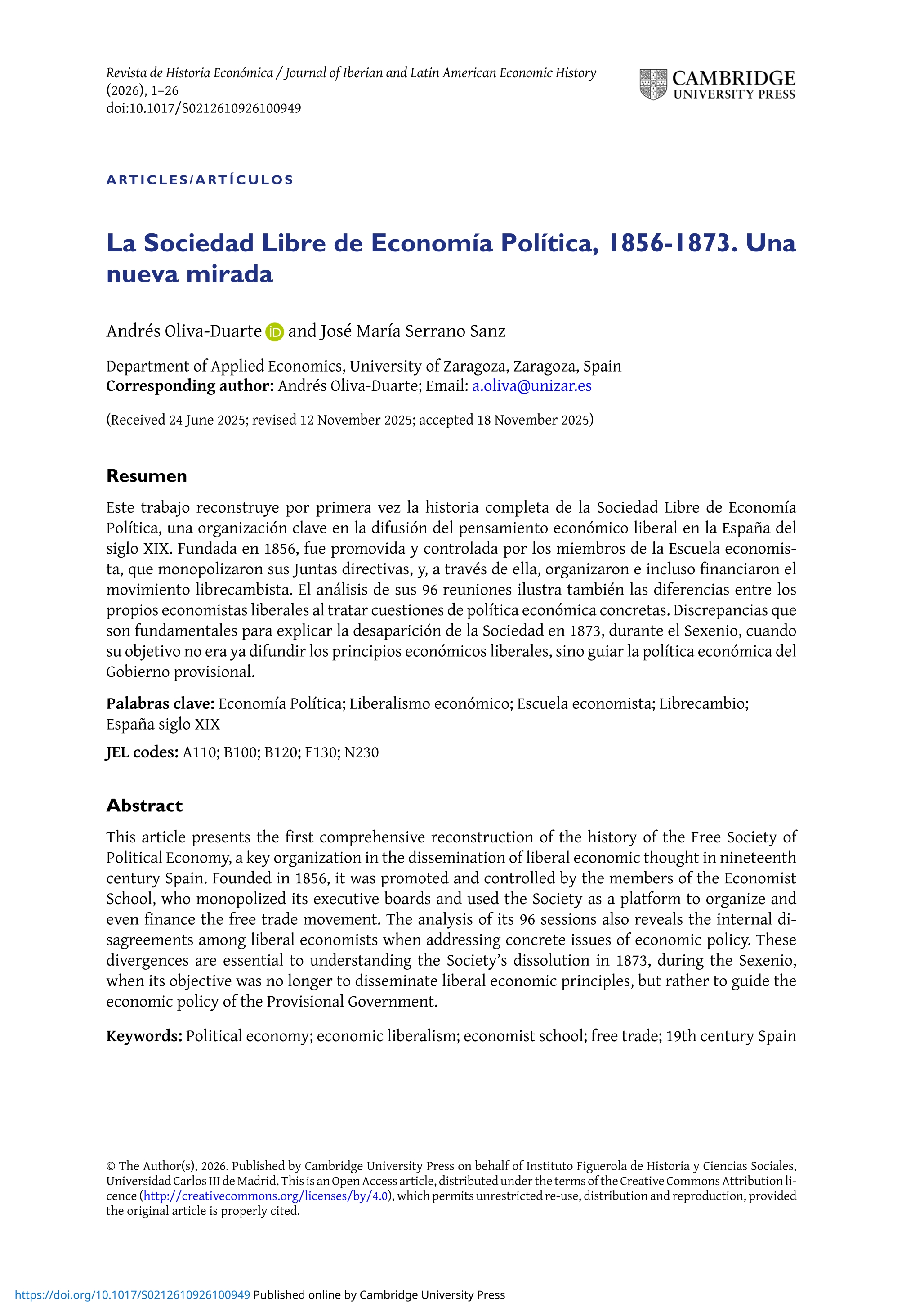 La Sociedad Libre de Economía Política, 1856-1873. Una nueva mirada