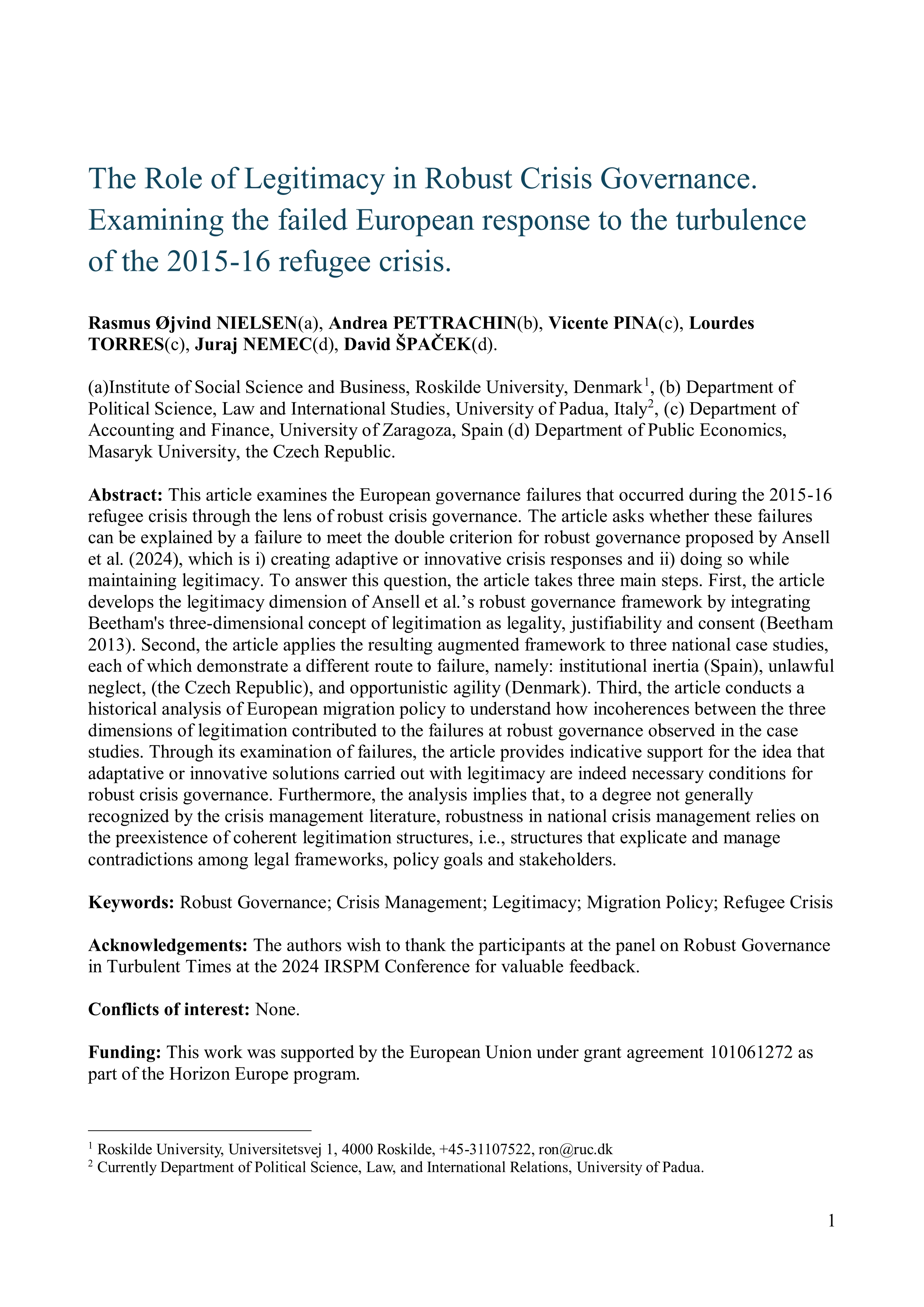 The role of legitimacy in robust crisis governance. Examining the failed European response to the turbulence of the 2015-16 refugee crisis