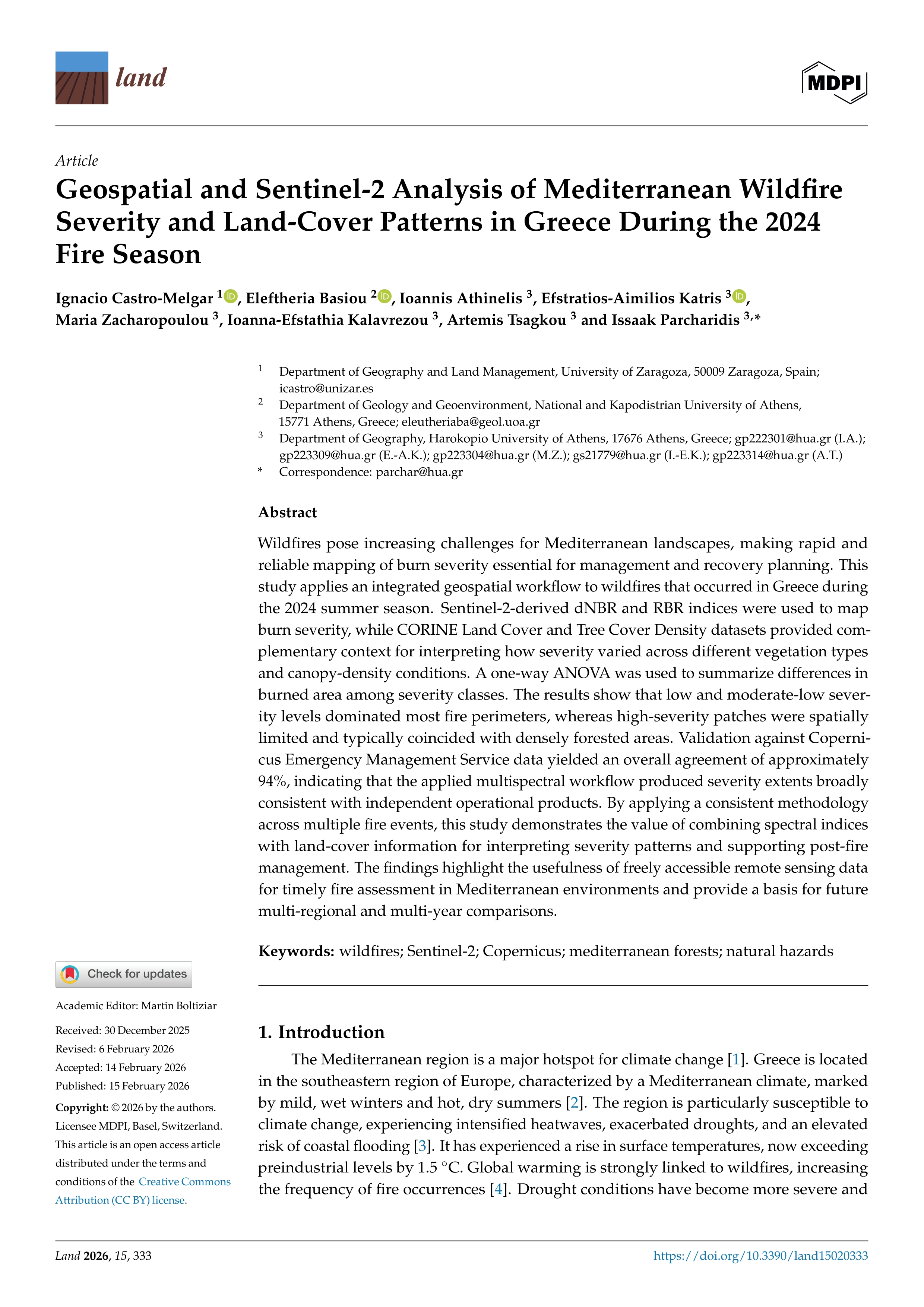 Geospatial and sentinel-2 analysis of Mediterranean wildfire severity and land-cover patterns in Greece during the 2024 fire season
