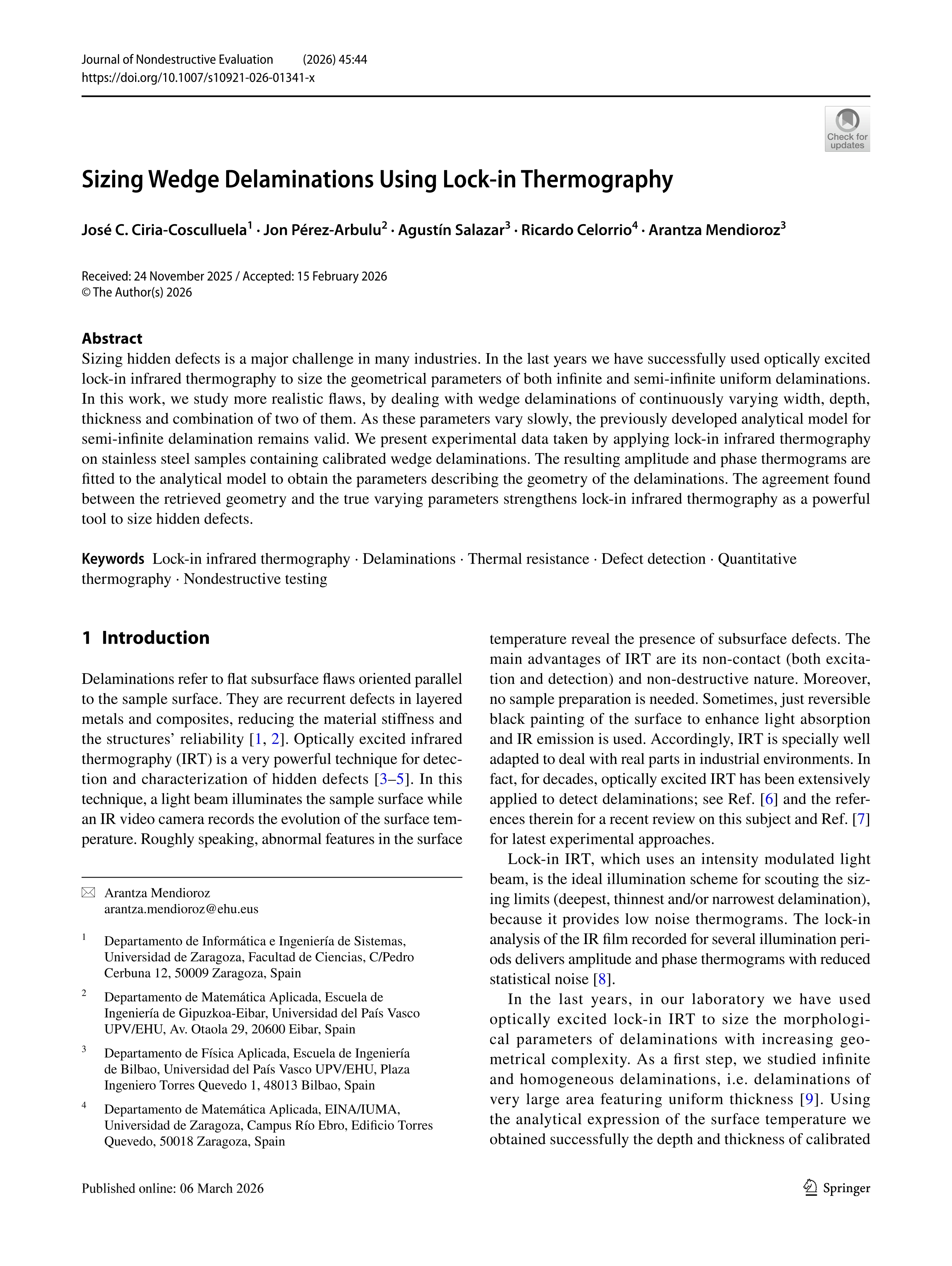 Sizing wedge delaminations using lock-in thermography