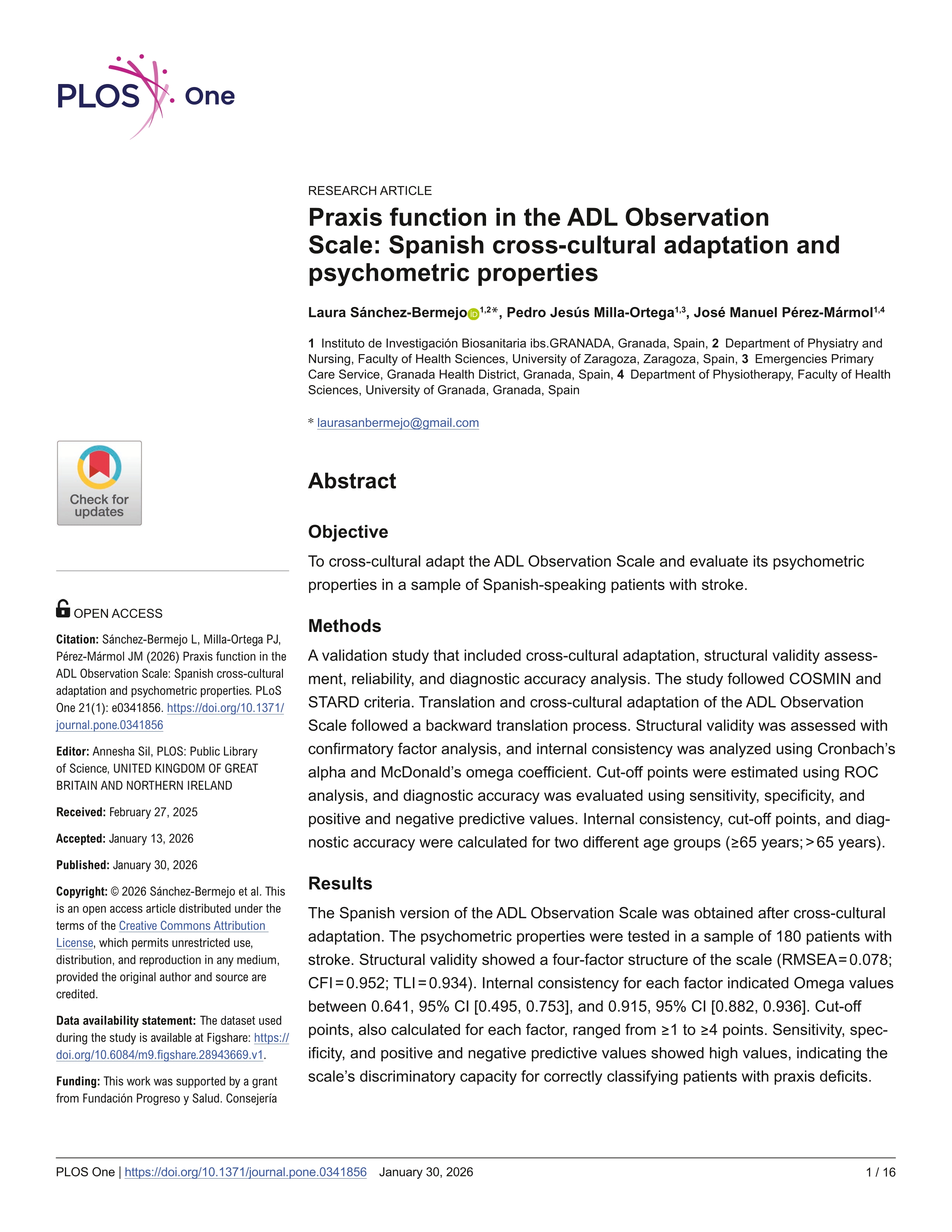 Praxis function in the ADL Observation Scale: Spanish cross-cultural adaptation and psychometric properties