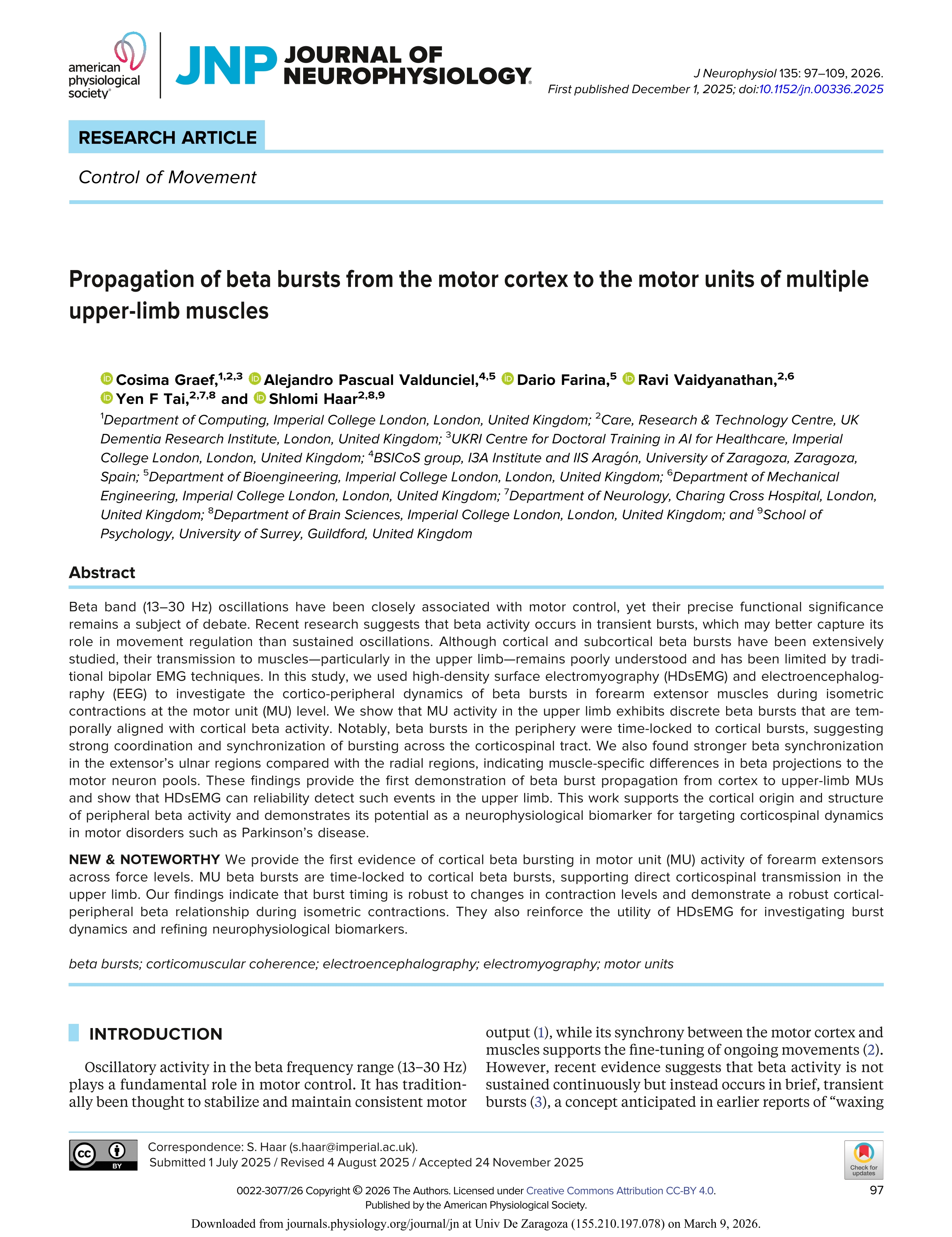 Propagation of beta bursts from the motor cortex to the motor units of multiple upper-limb muscles