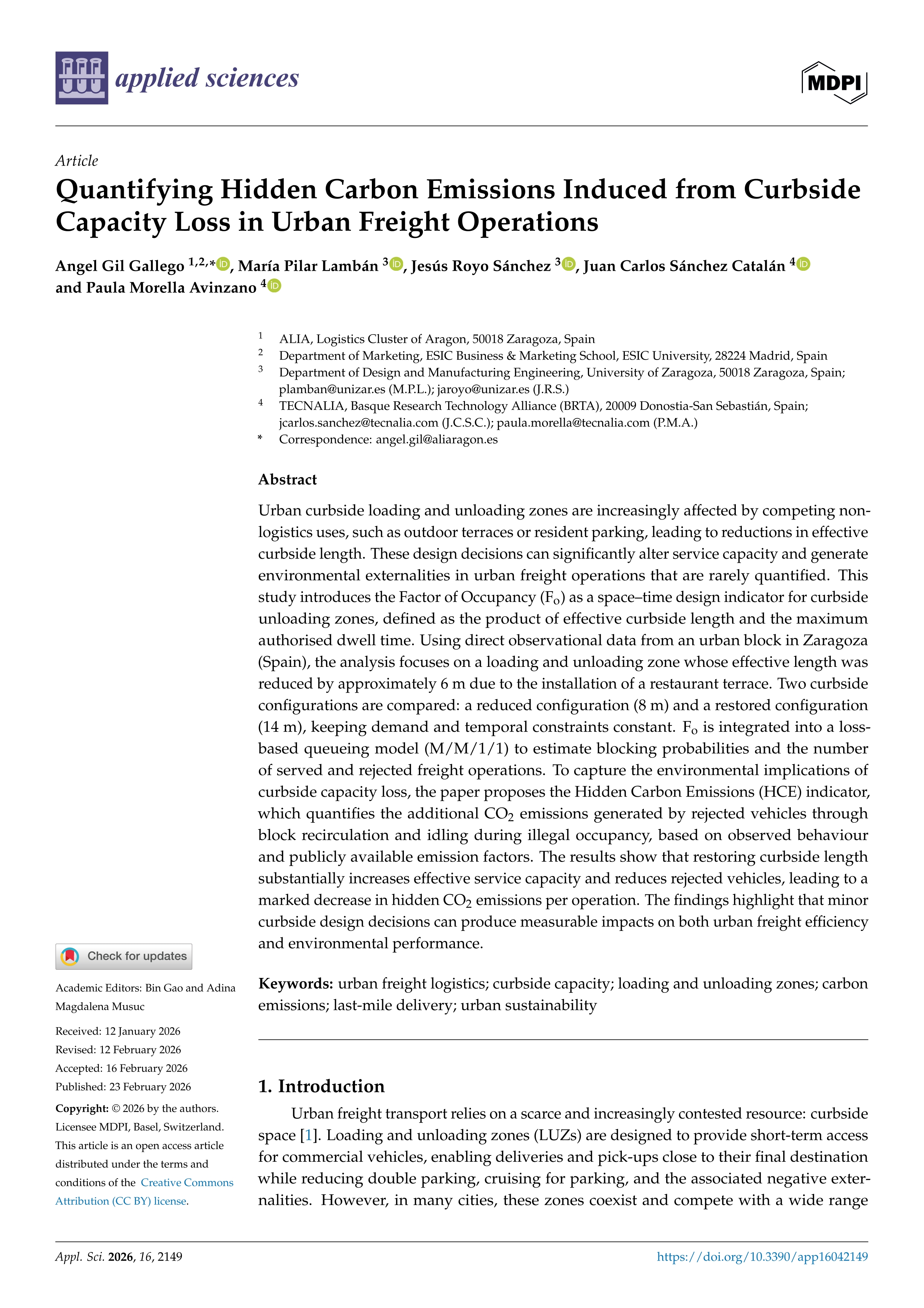 Quantifying hidden carbon emissions induced from curbside capacity loss in urban freight operations