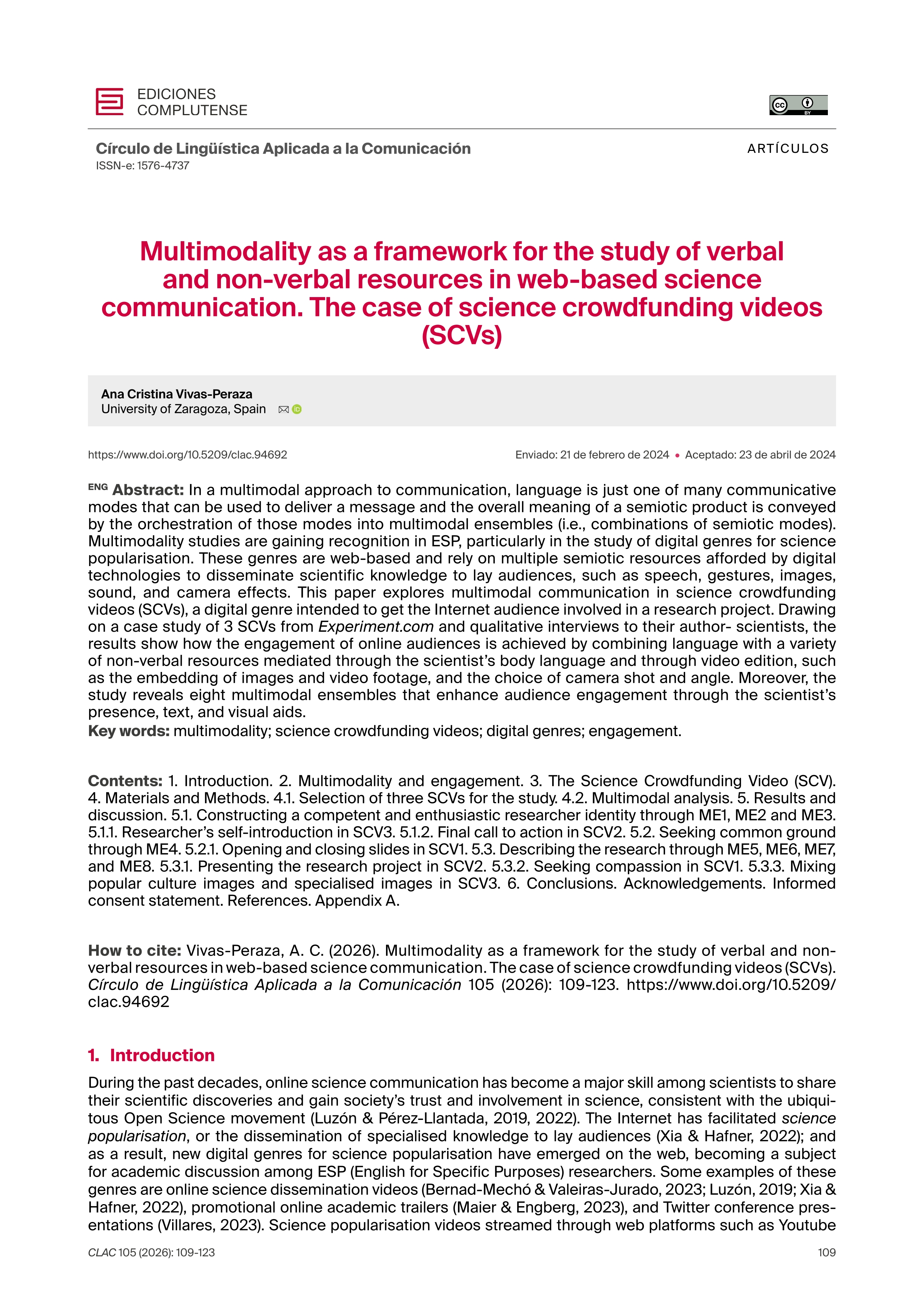 Multimodality as a framework for the study of verbal and non-verbal resources in web-based science communication. The case of science crowdfunding videos (SCVs)