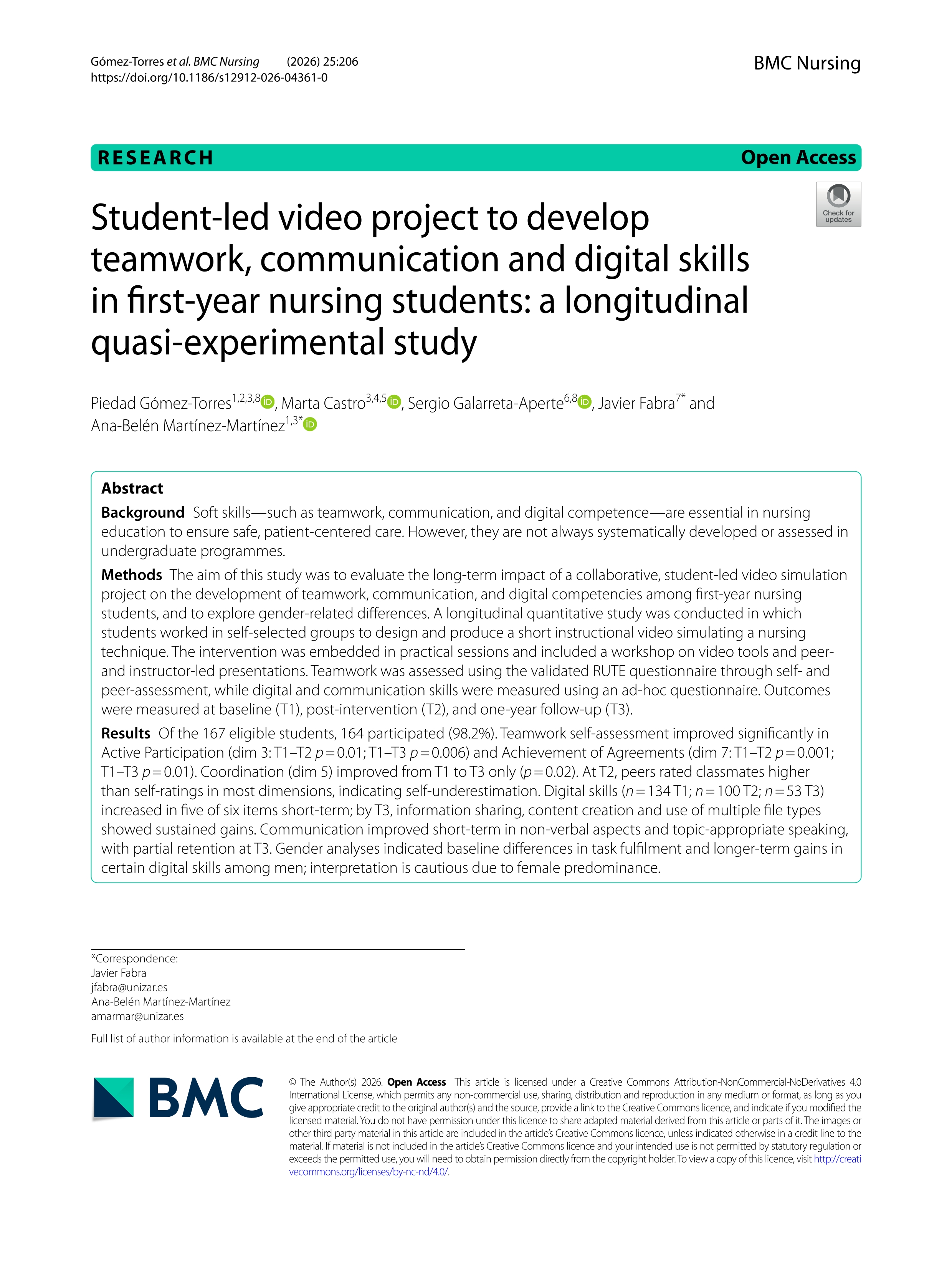 Student-led video project to develop teamwork, communication and digital skills in first-year nursing students: a longitudinal quasi-experimental study