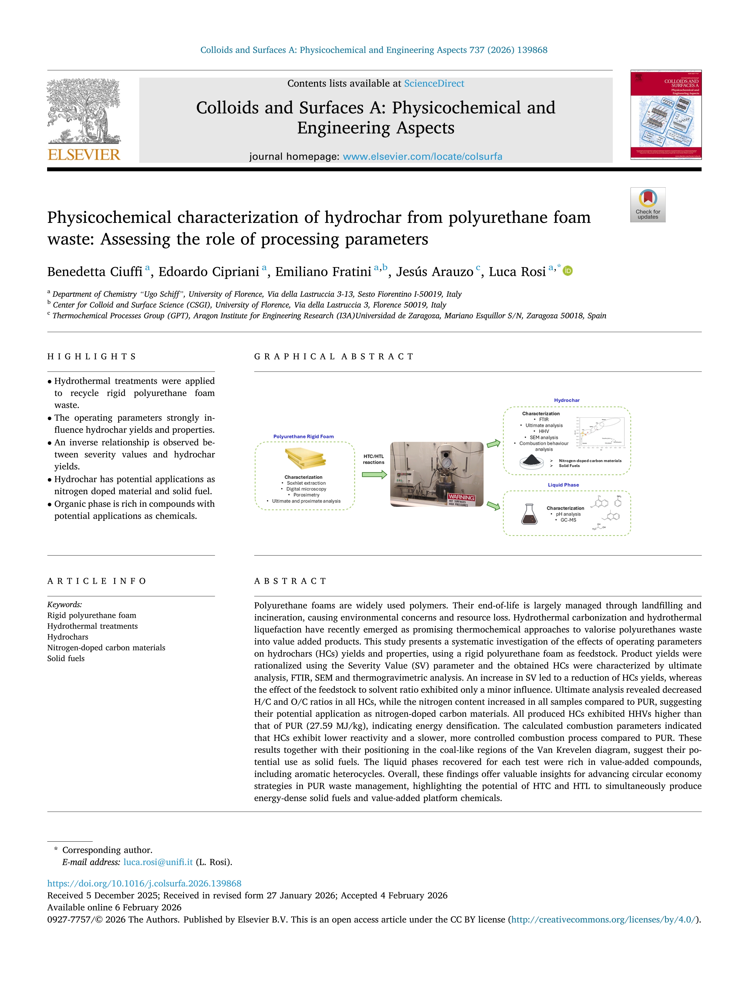 Physicochemical characterization of hydrochar from polyurethane foam waste: Assessing the role of processing parameters