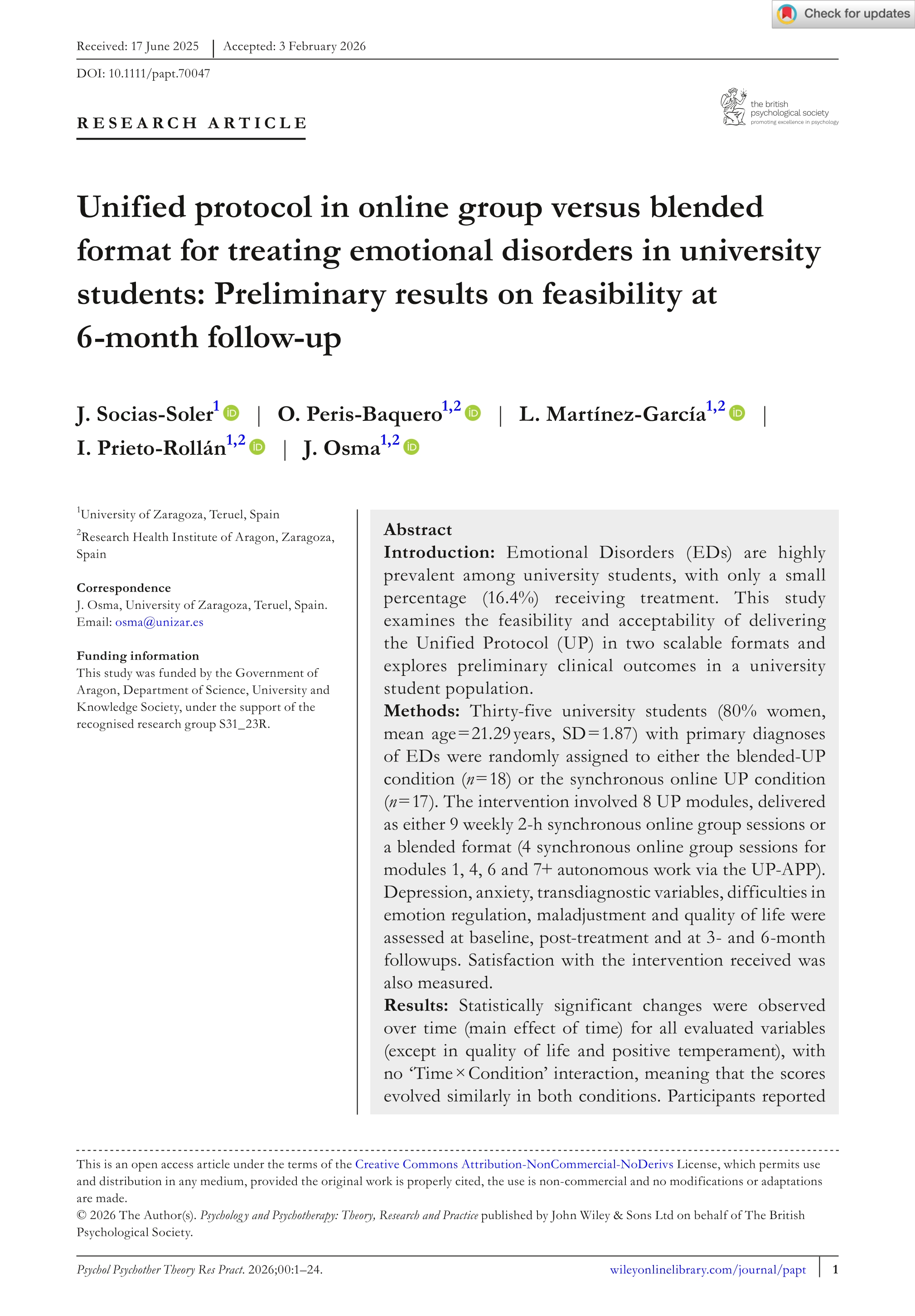 Unified protocol in online group versus blended format for treating emotional disorders in university students: Preliminary results on feasibility at 6‐month follow‐up