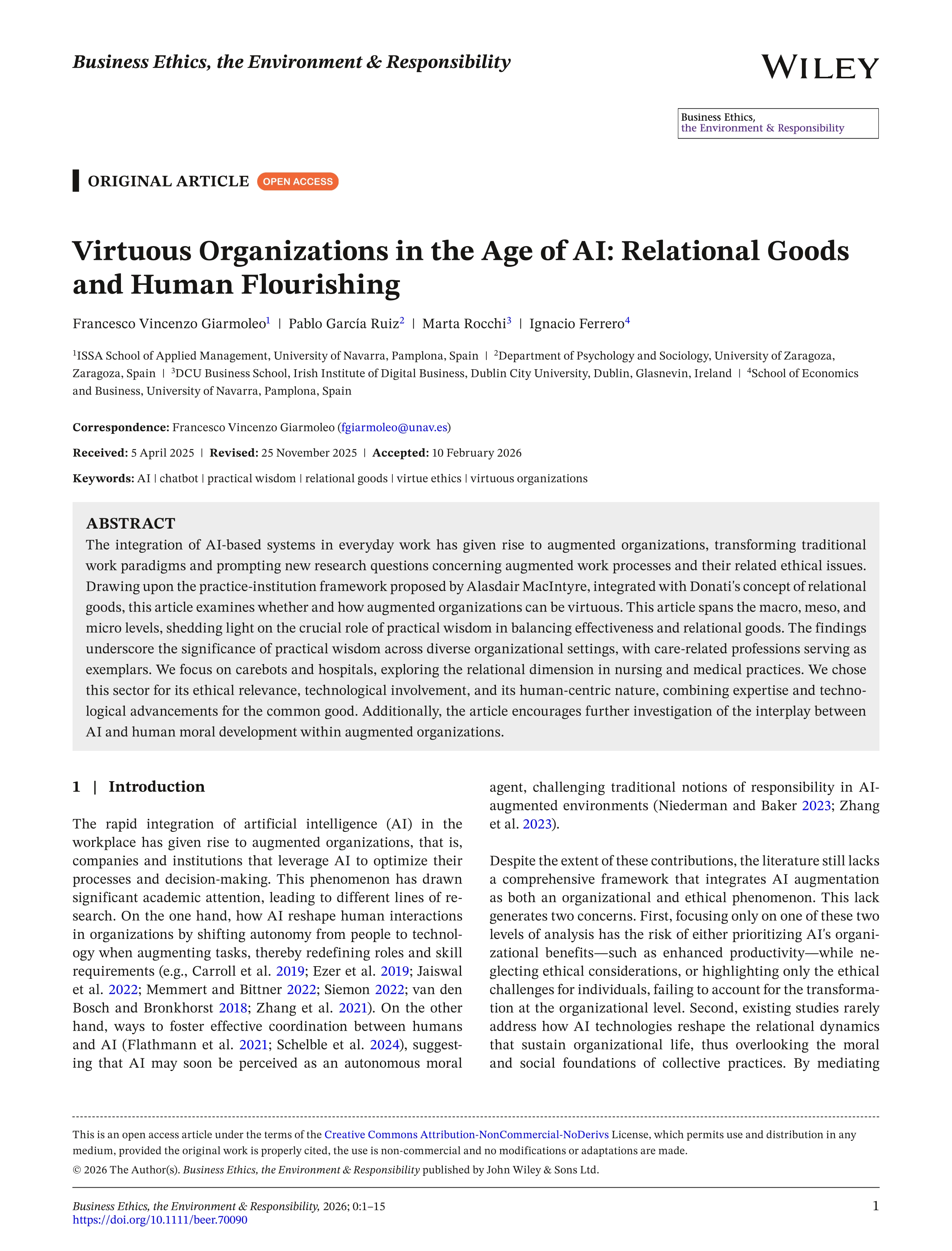 Virtuous Organizations in the Age of AI: Relational Goods and Human Flourishing