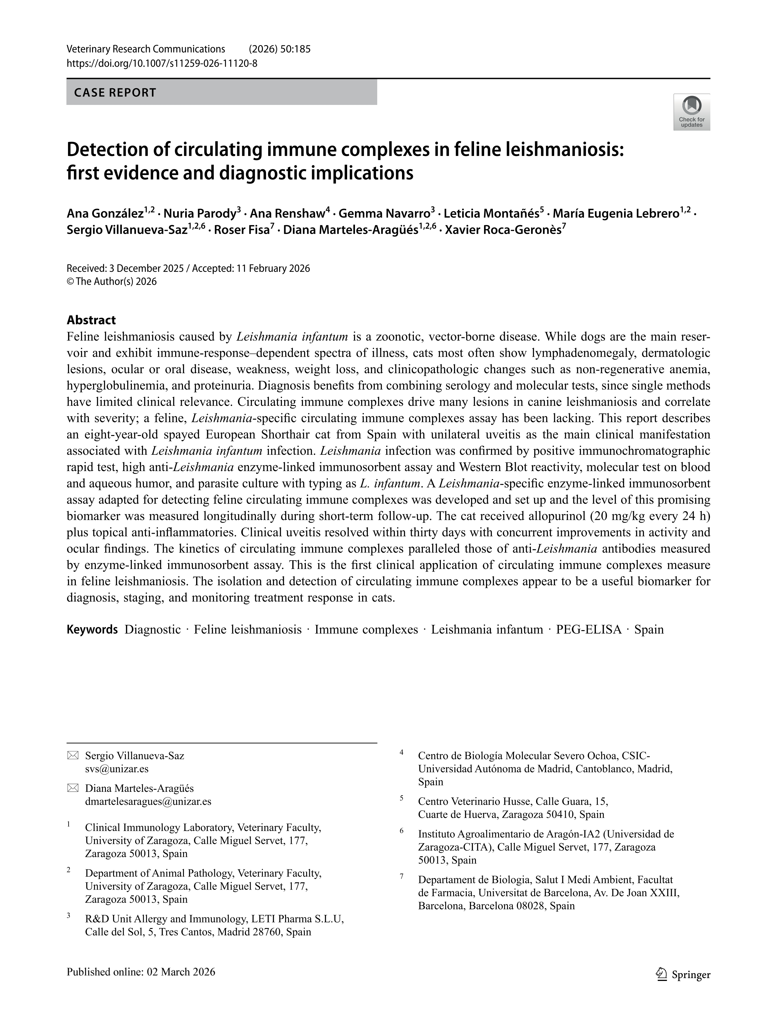 Detection of circulating immune complexes in feline leishmaniosis: first evidence and diagnostic implications