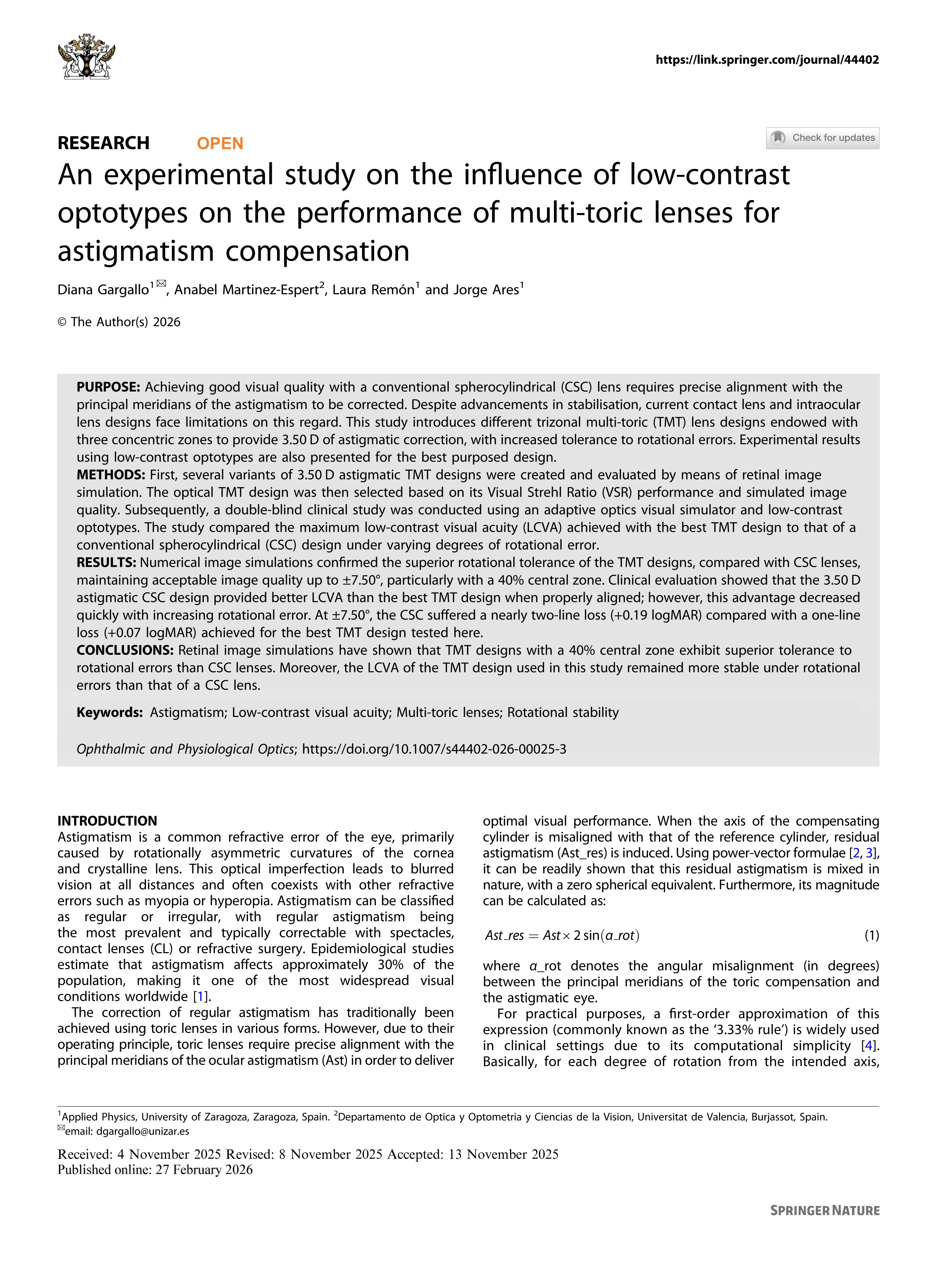 An experimental study on the influence of low-contrast optotypes on the performance of multi-toric lenses for astigmatism compensation