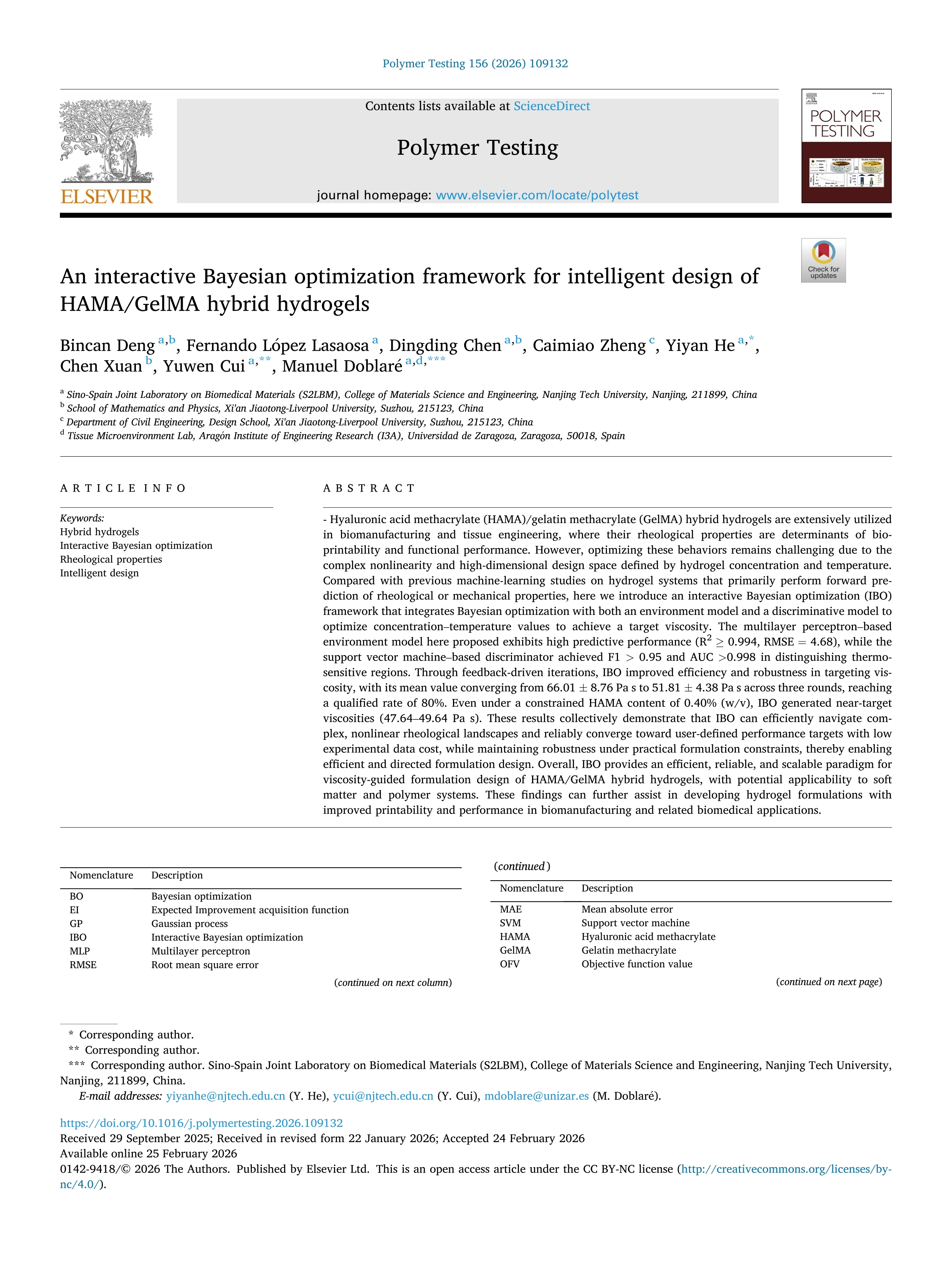 An interactive Bayesian optimization framework for intelligent design of HAMA/GelMA hybrid hydrogels