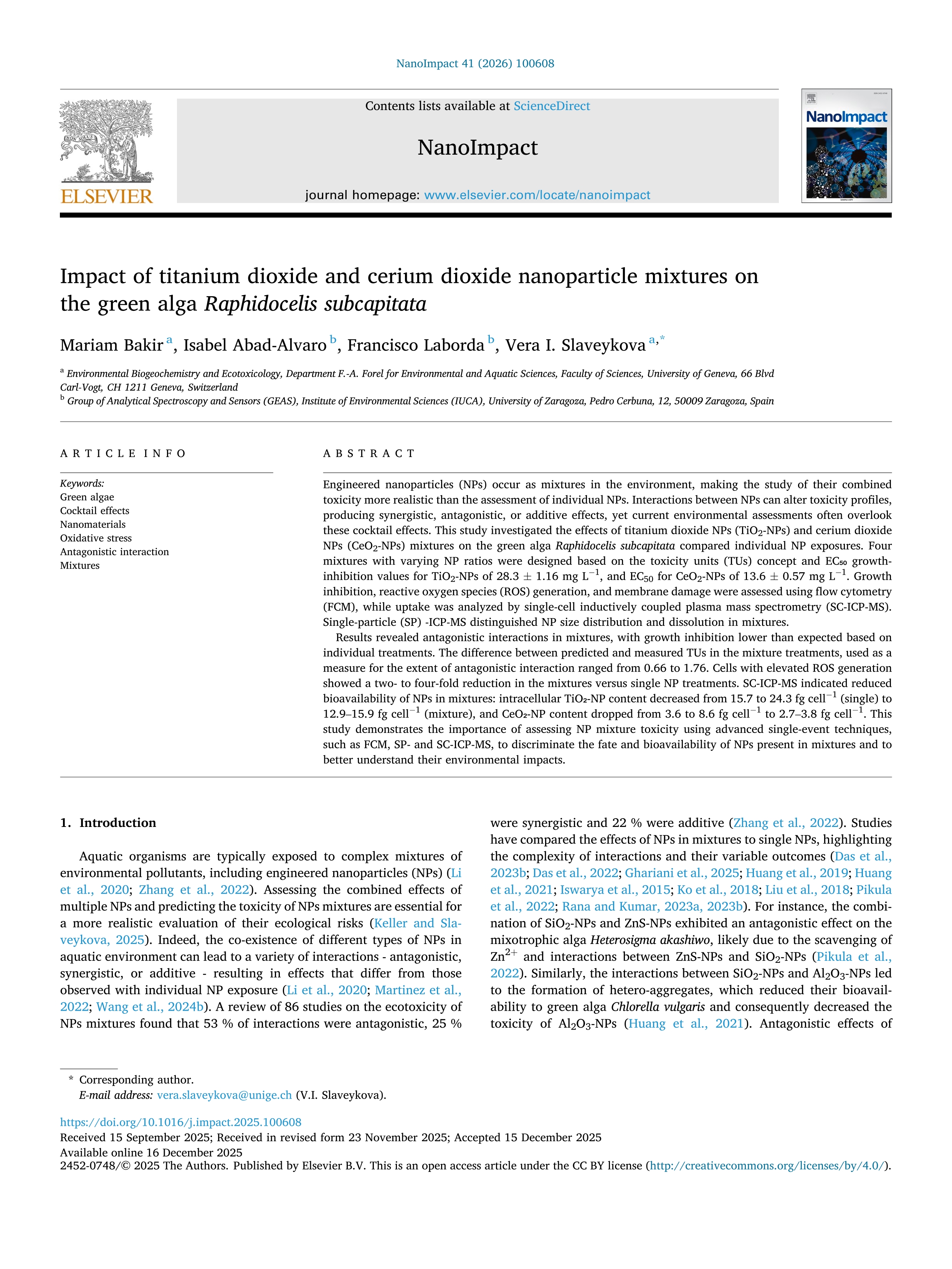 Impact of titanium dioxide and cerium dioxide nanoparticle mixtures on the green alga Raphidocelis subcapitata