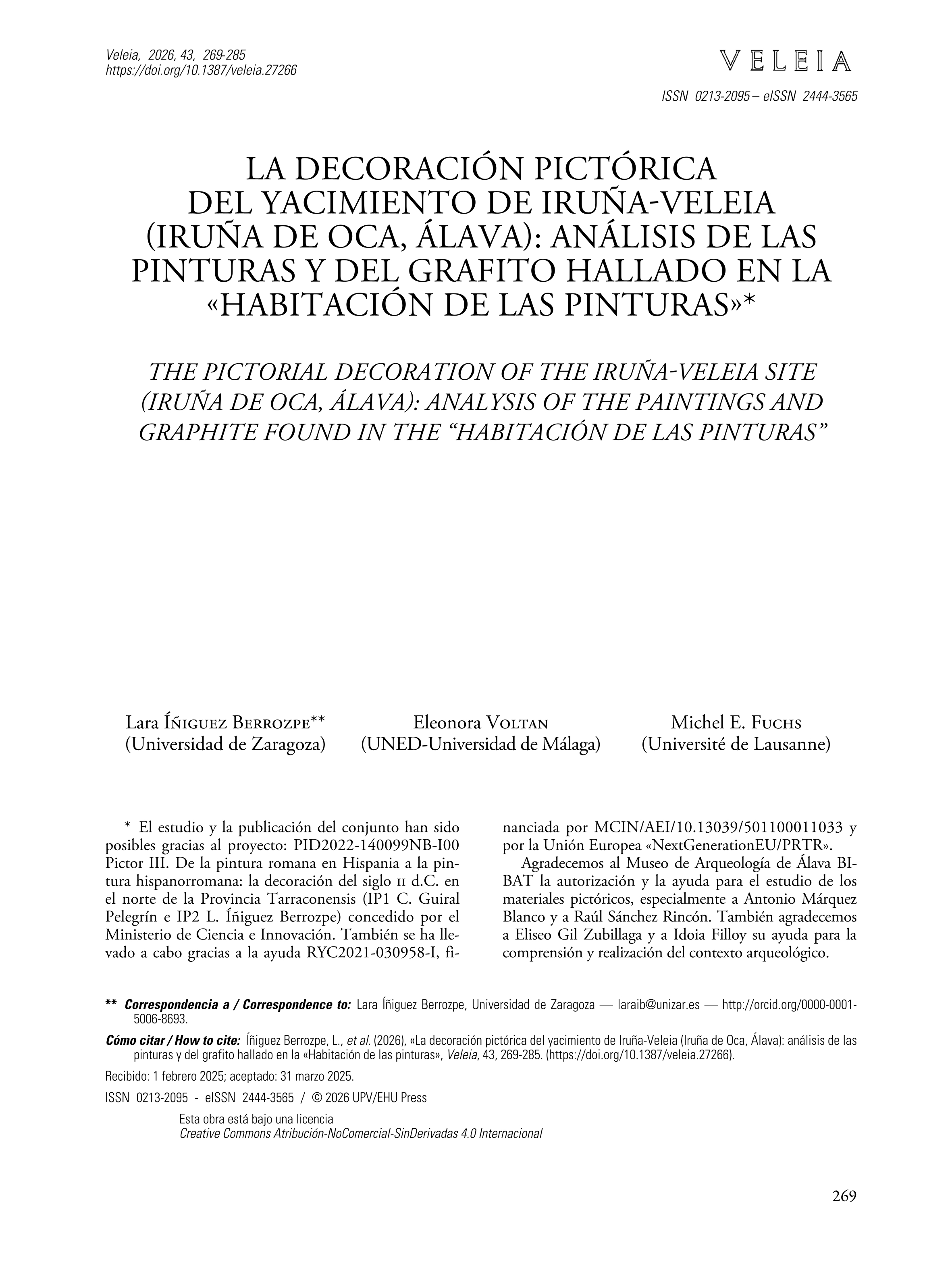 La decoración pictórica del yacimiento de Iruña-Veleia (Iruña de Oca, Álava): Análisis de las pinturas y del grafito hallado en la 