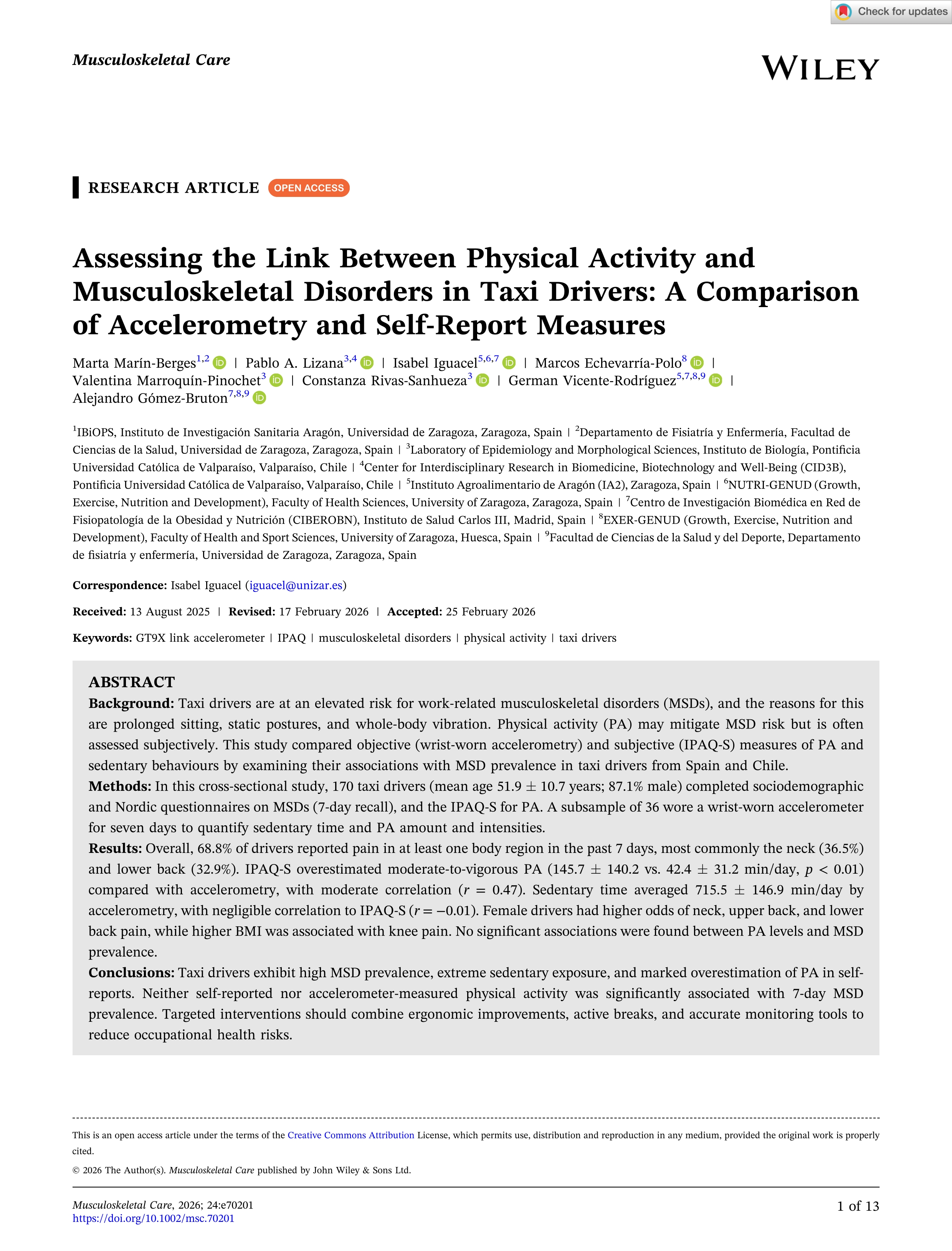 Assessing the link between physical activity and musculoskeletal disorders in taxi drivers: a comparison of accelerometry and self‐report measures