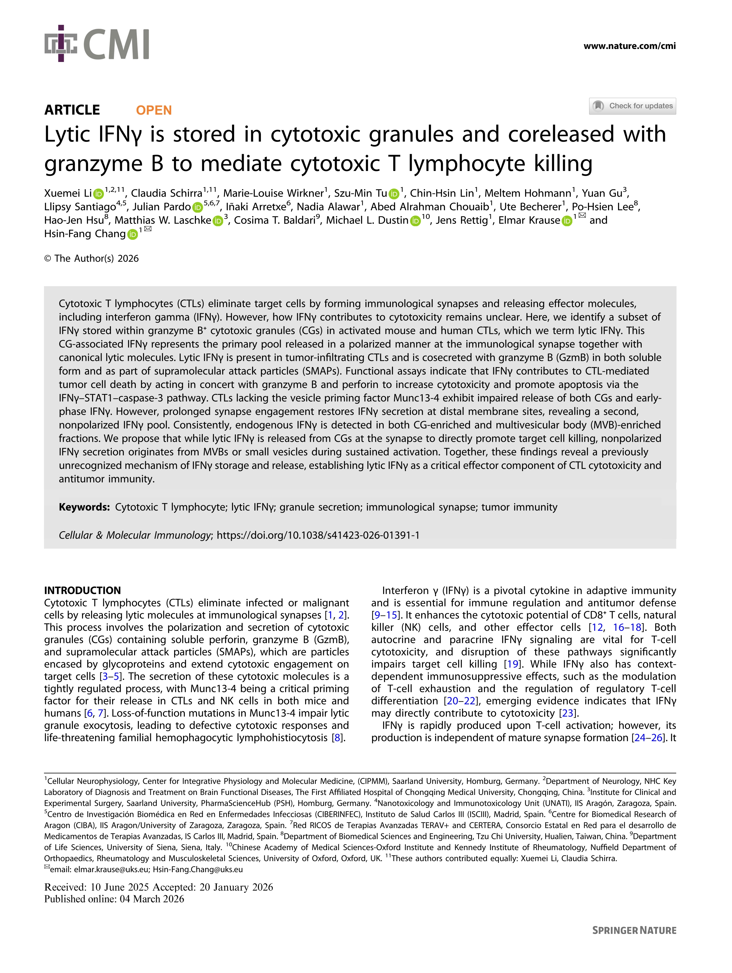 Lytic IFNγ is stored in cytotoxic granules and coreleased with granzyme B to mediate cytotoxic T lymphocyte killing