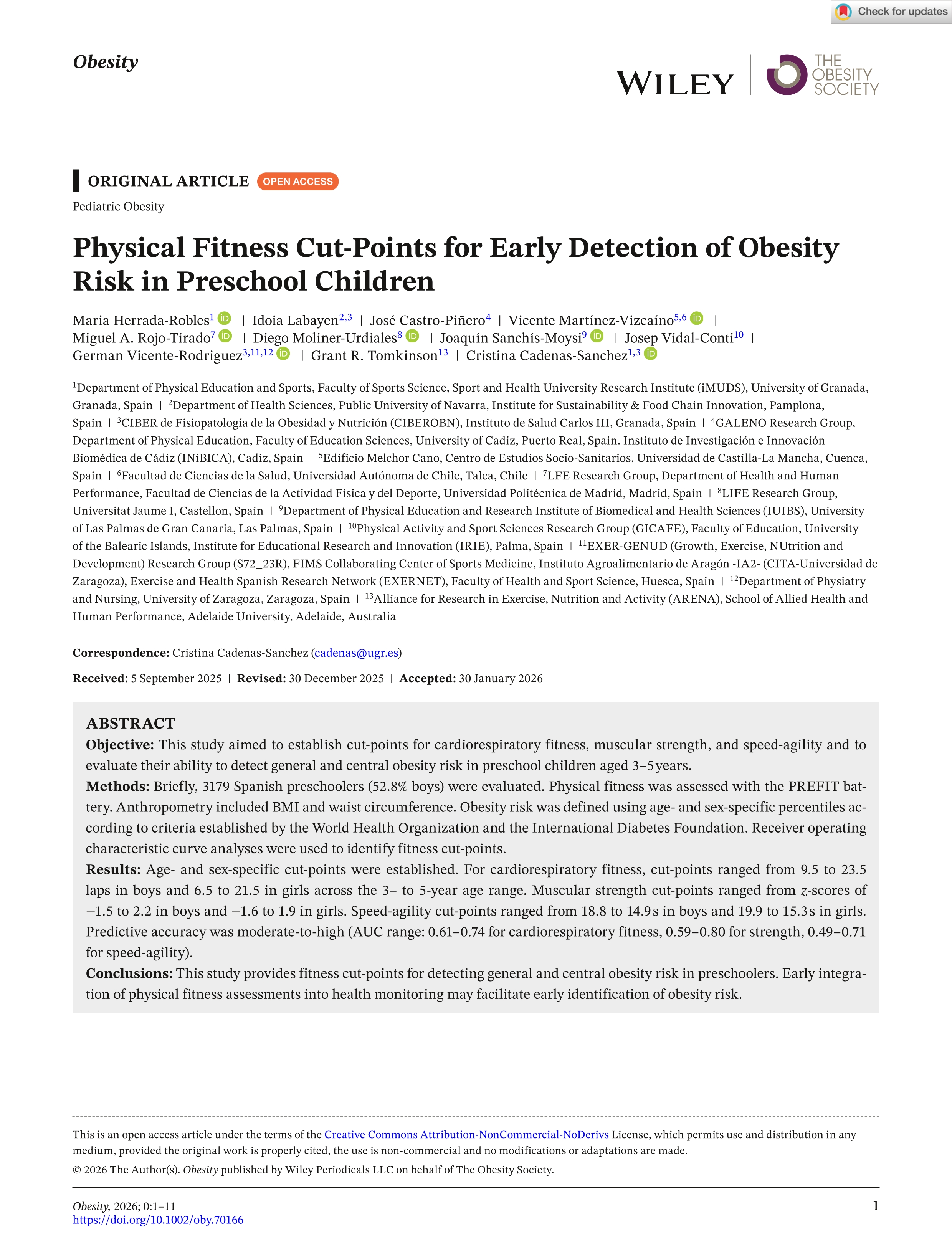 Physical fitness cut‐points for early detection of obesity risk in preschool children