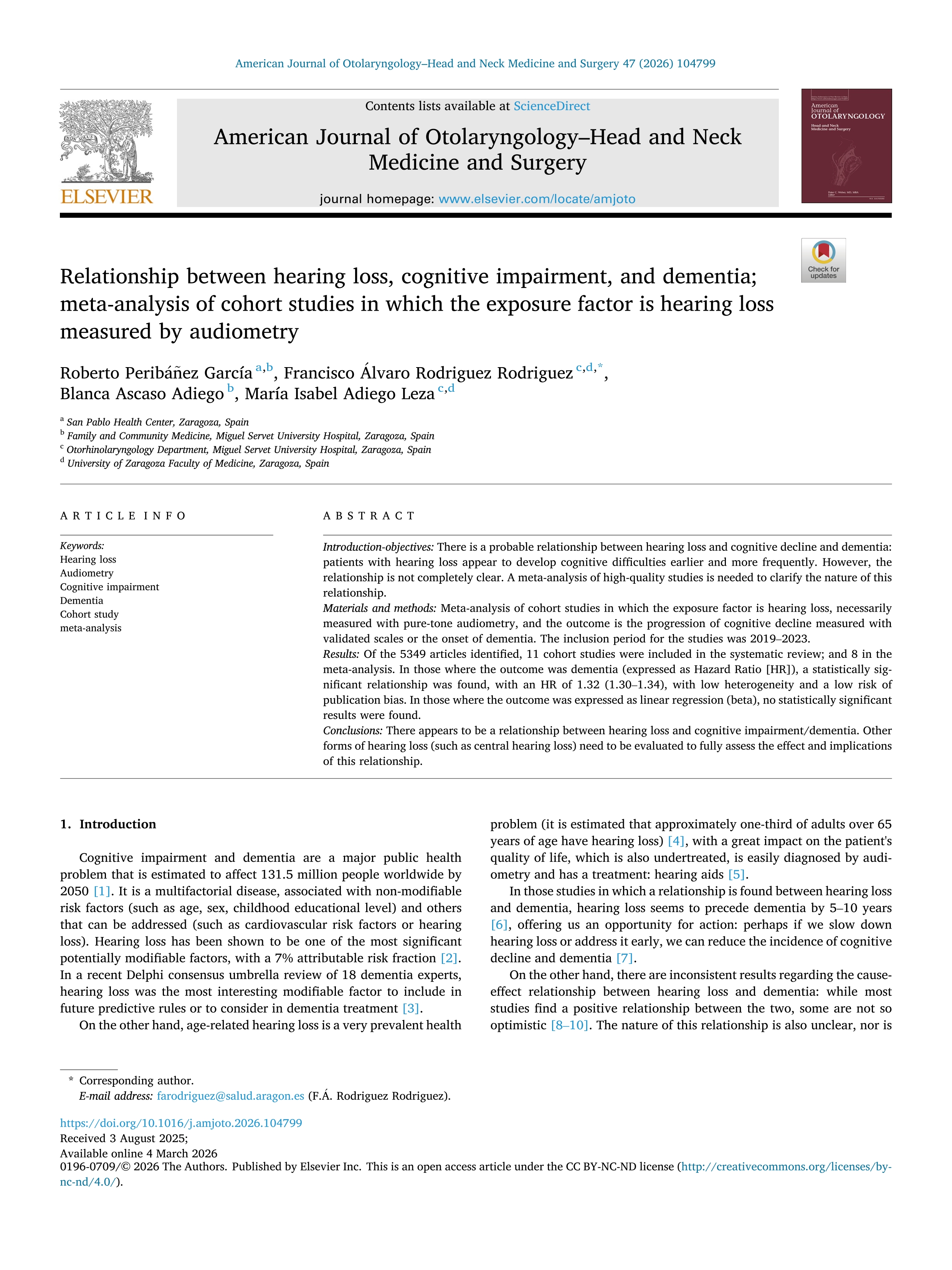 Relationship between hearing loss, cognitive impairment, and dementia; meta-analysis of cohort studies in which the exposure factor is hearing loss measured by audiometry