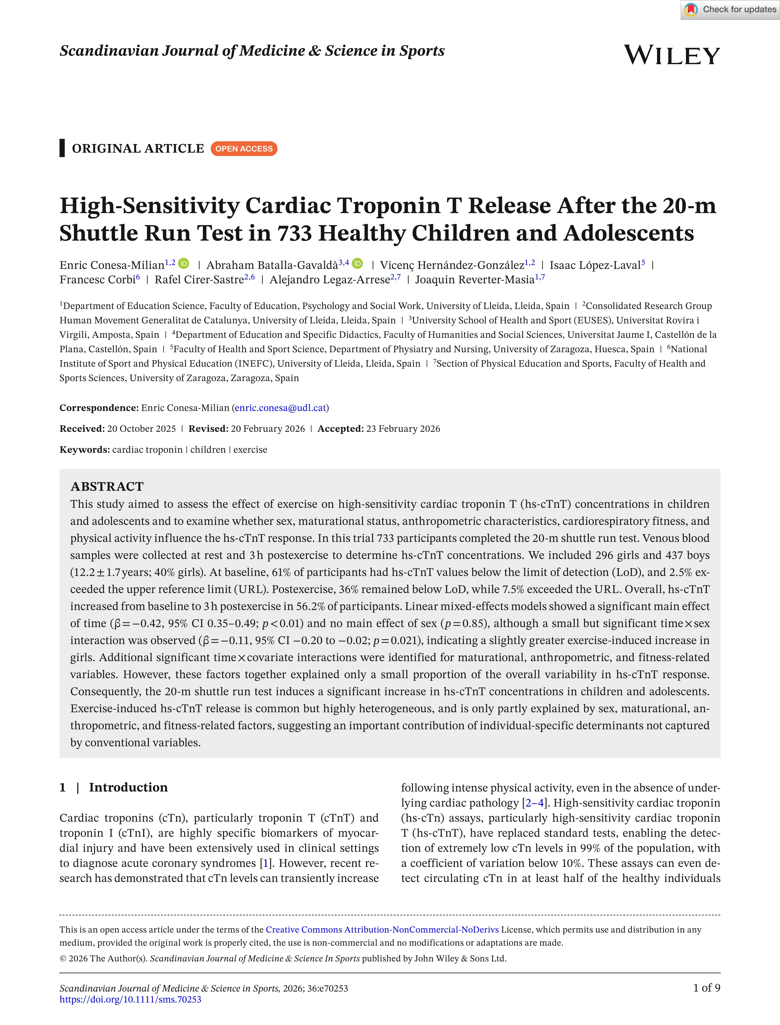 High‐sensitivity cardiac troponin t release after the 20‐m shuttle run test in 733 healthy children and adolescents