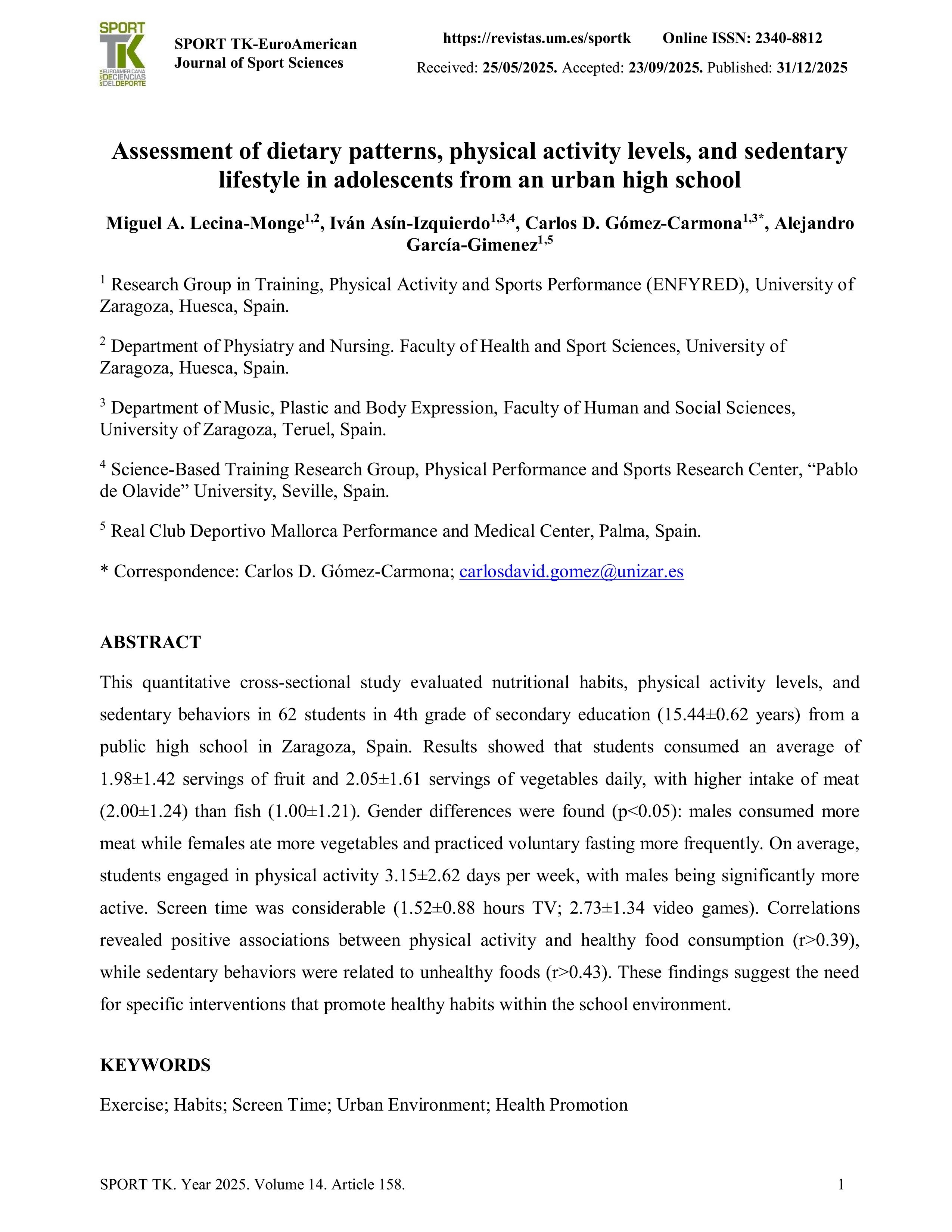 Assessment of dietary patterns, physical activity levels, and sedentary lifestyle in adolescents from an urban high school