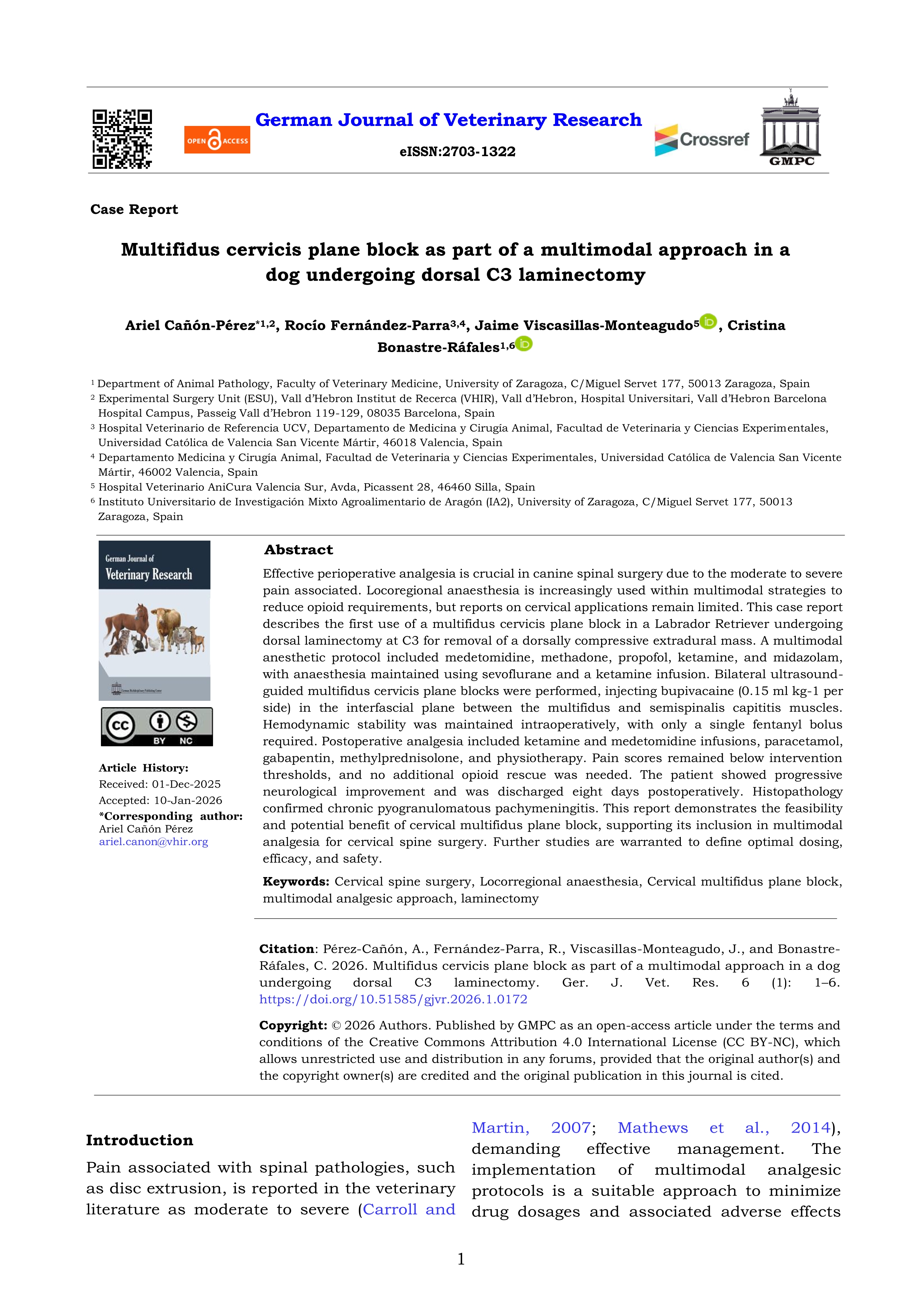 Multifidus cervicis plane block as part of a multimodal approach in a dog undergoing dorsal C3 laminectomy