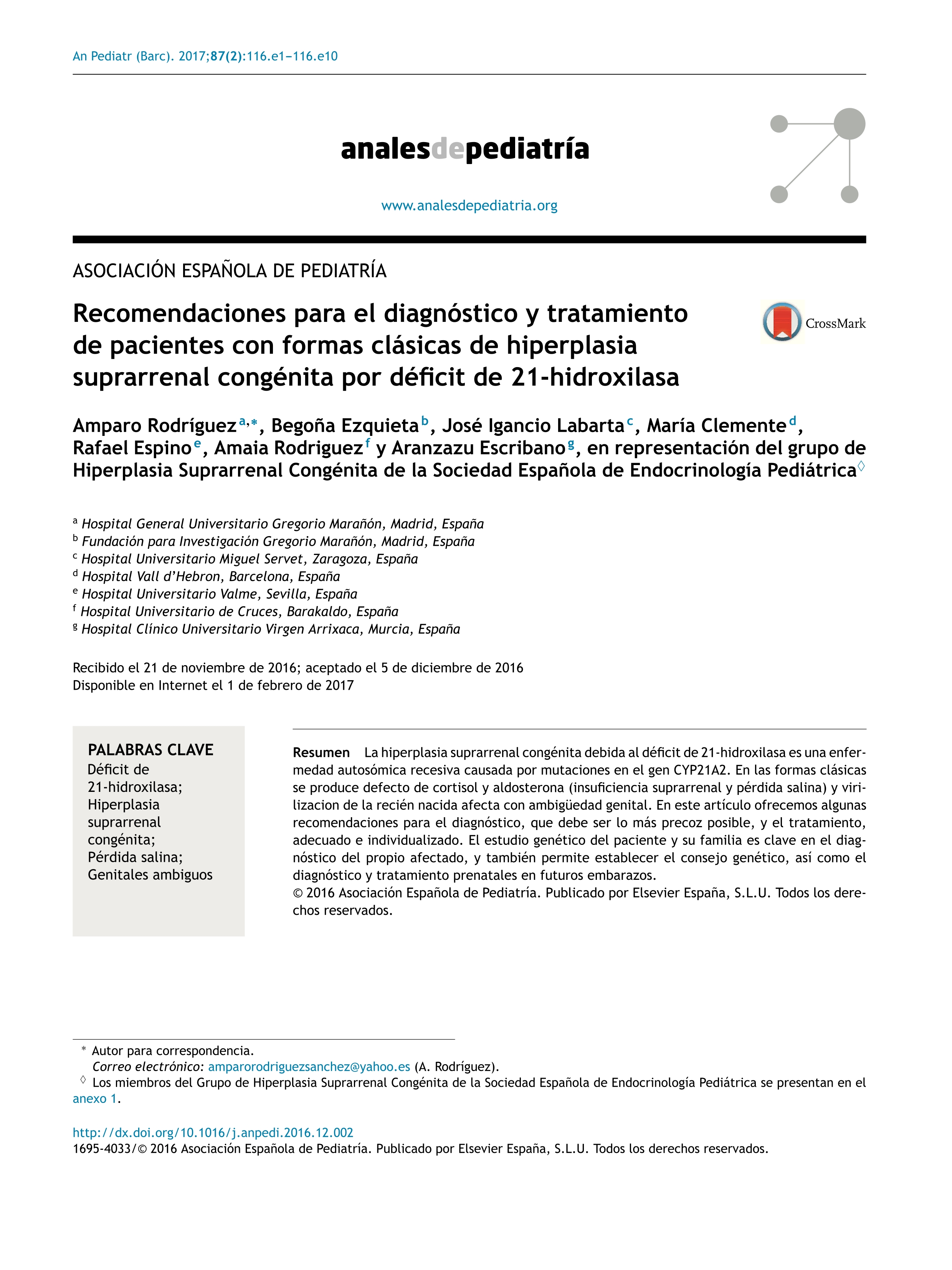 Recomendaciones para el diagnóstico y tratamiento de pacientes con formas clásicas de hiperplasia suprarrenal congénita por déficit de 21-hidroxilasa