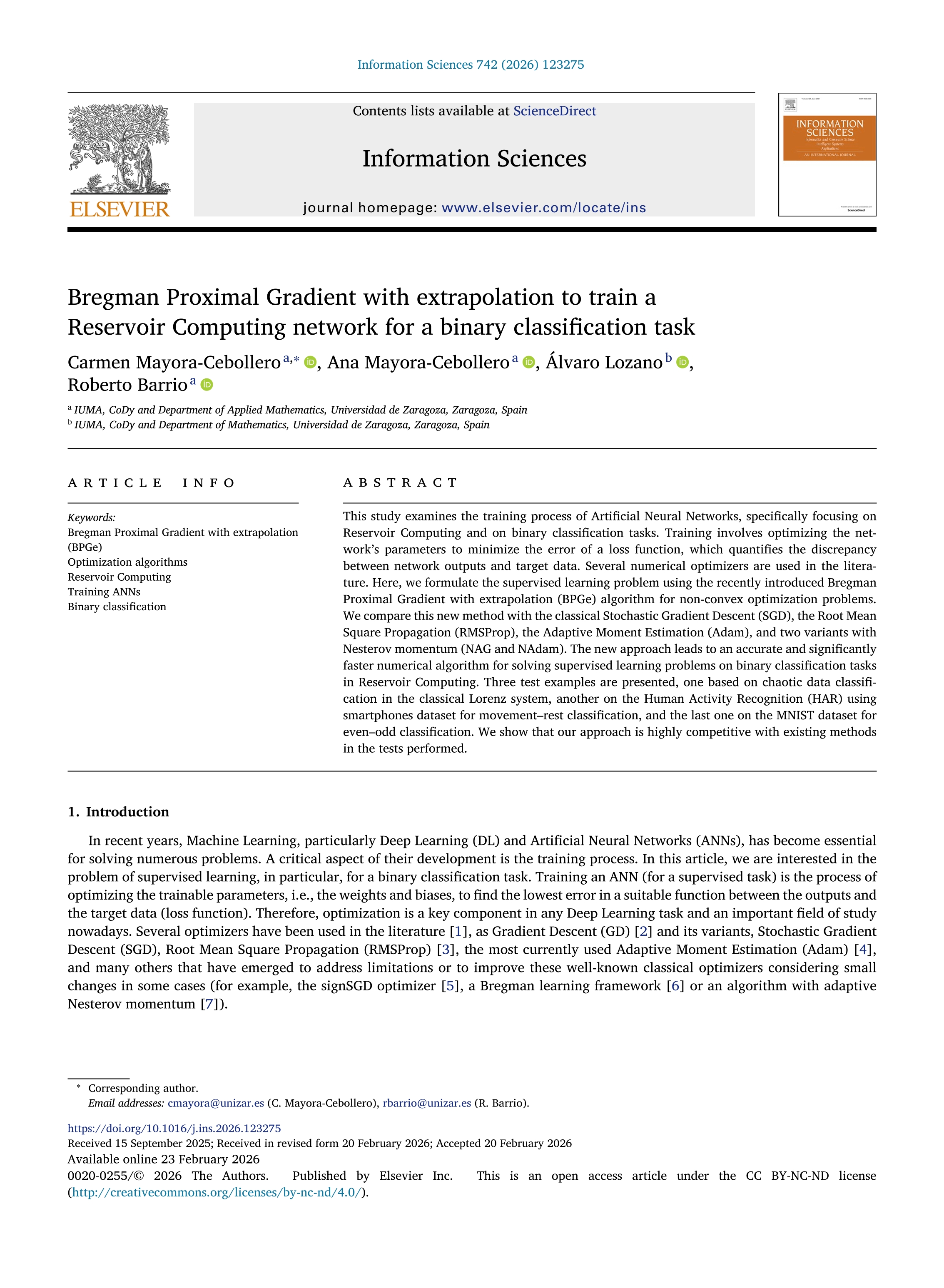Bregman Proximal Gradient with extrapolation to train a Reservoir Computing network for a binary classification task