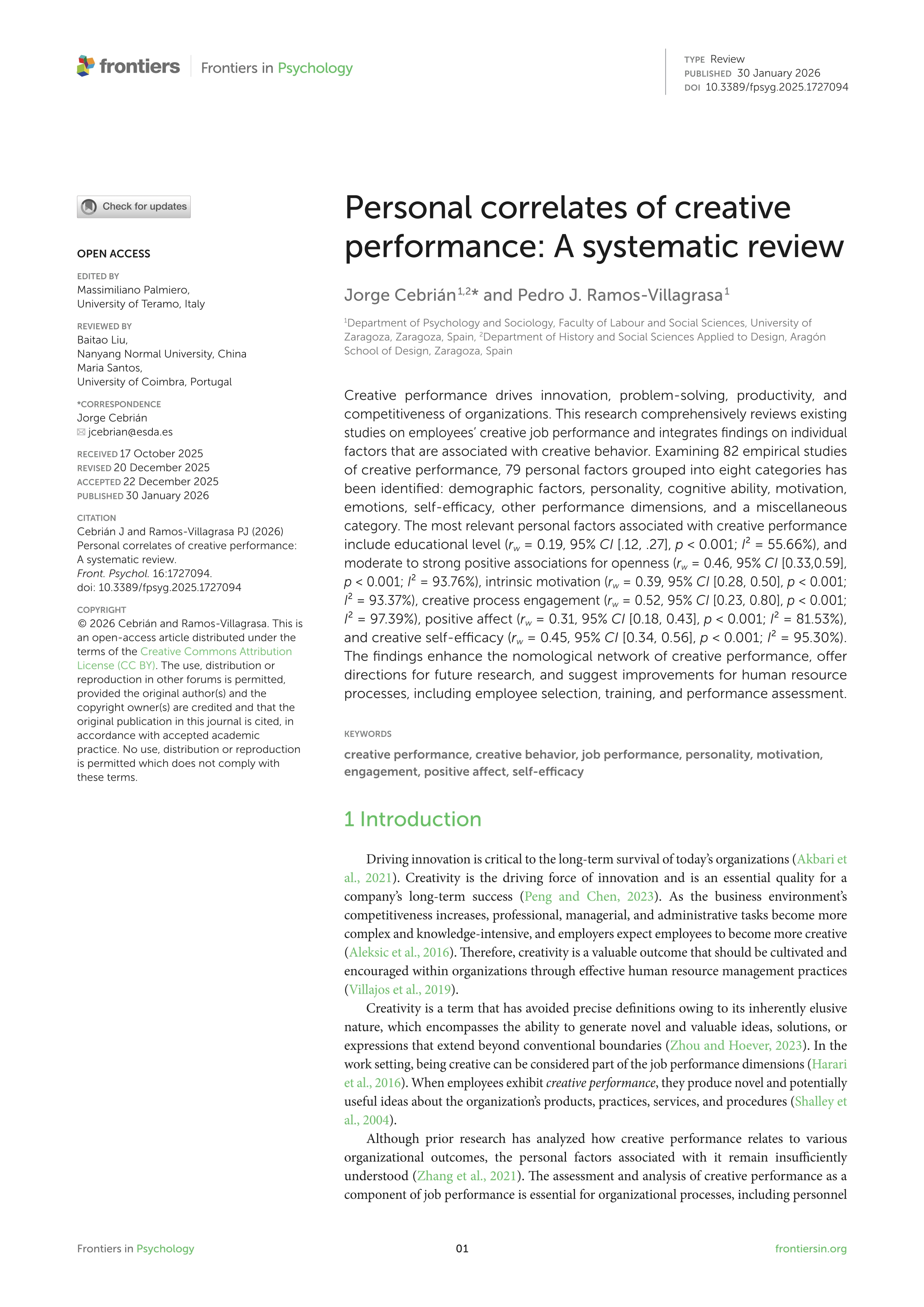 Personal correlates of creative performance: A systematic review
