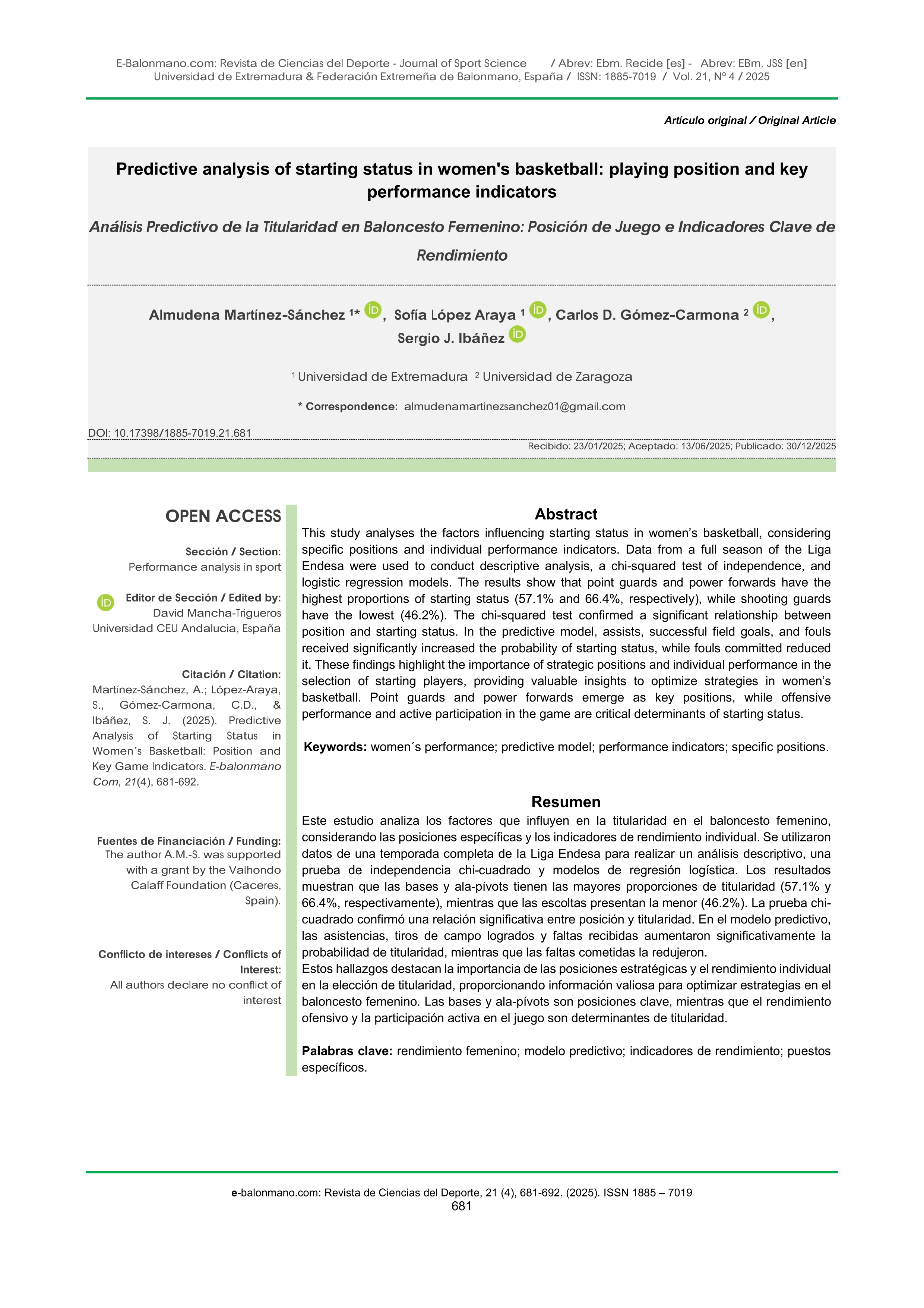 Predictive analysis of starting status in women's basketball: playing position and key performance indicators