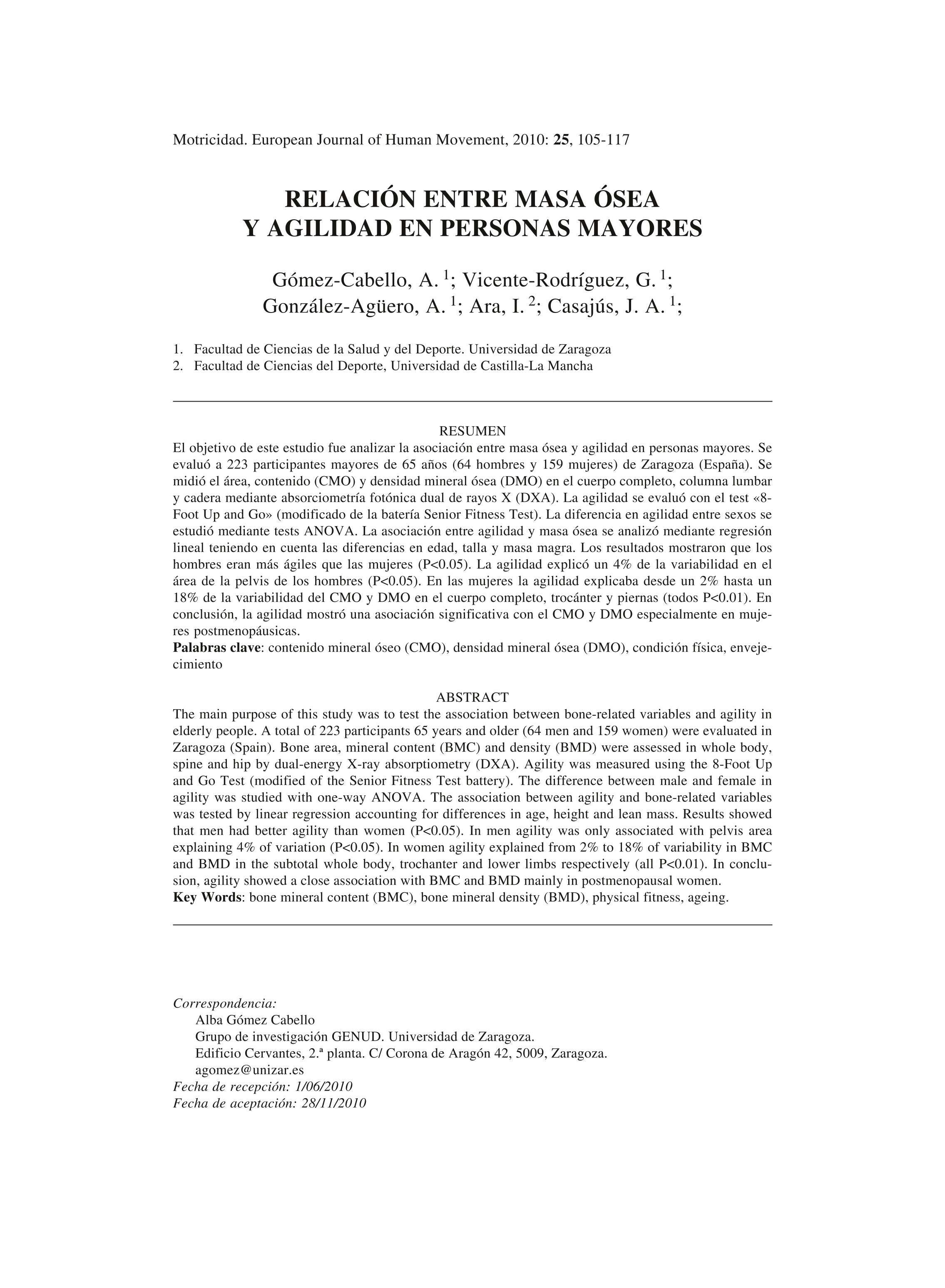 Relación entre masa ósea y agilidad en personas mayores