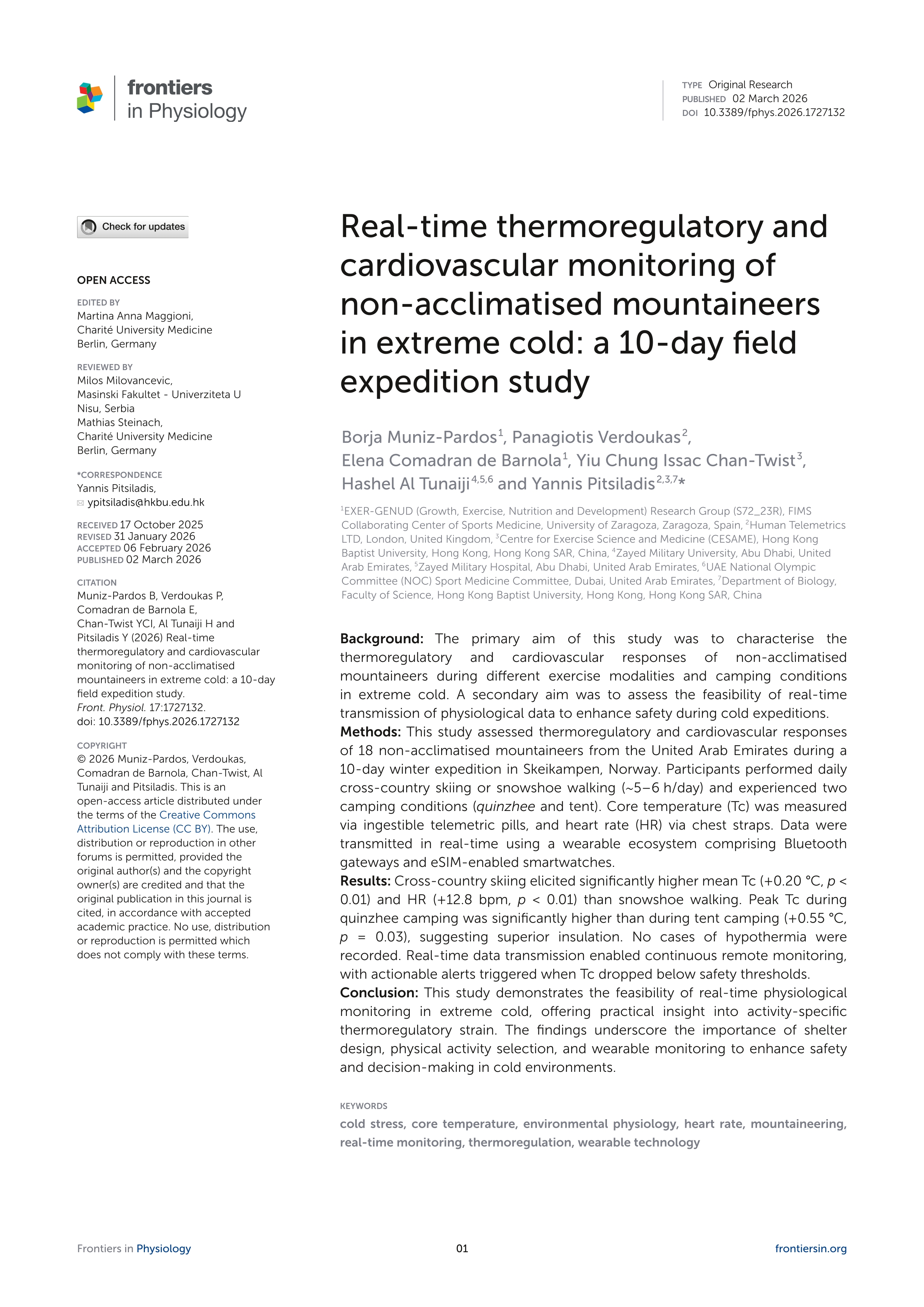 Real-time thermoregulatory and cardiovascular monitoring of non-acclimatised mountaineers in extreme cold: a 10-day field expedition study