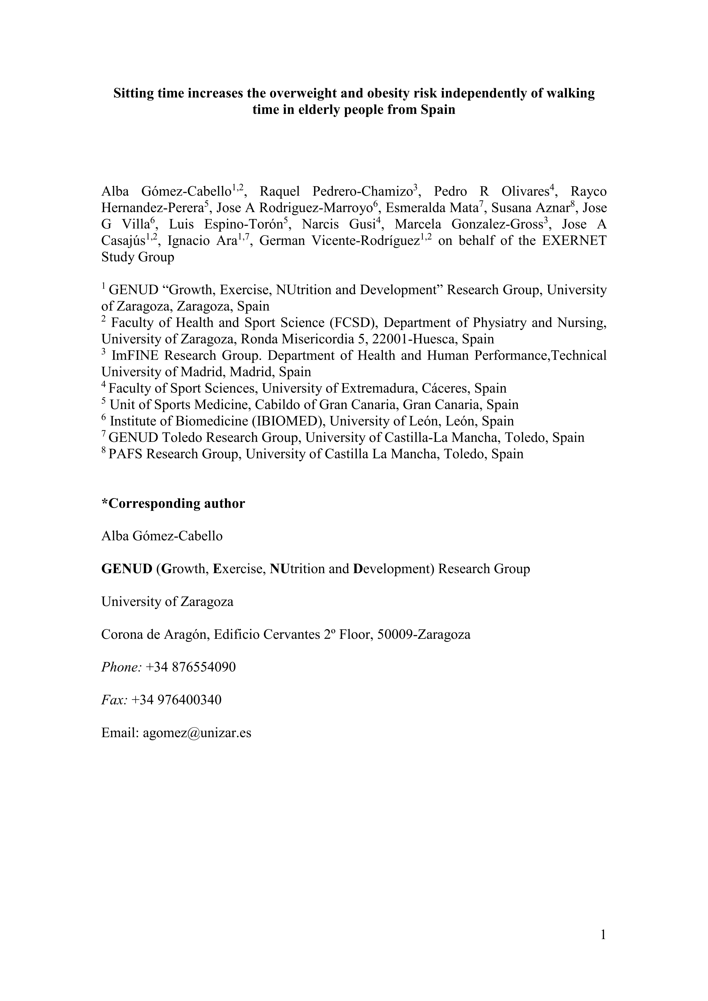 Sitting time increases the overweight and obesity risk independently of walking time in elderly people from Spain