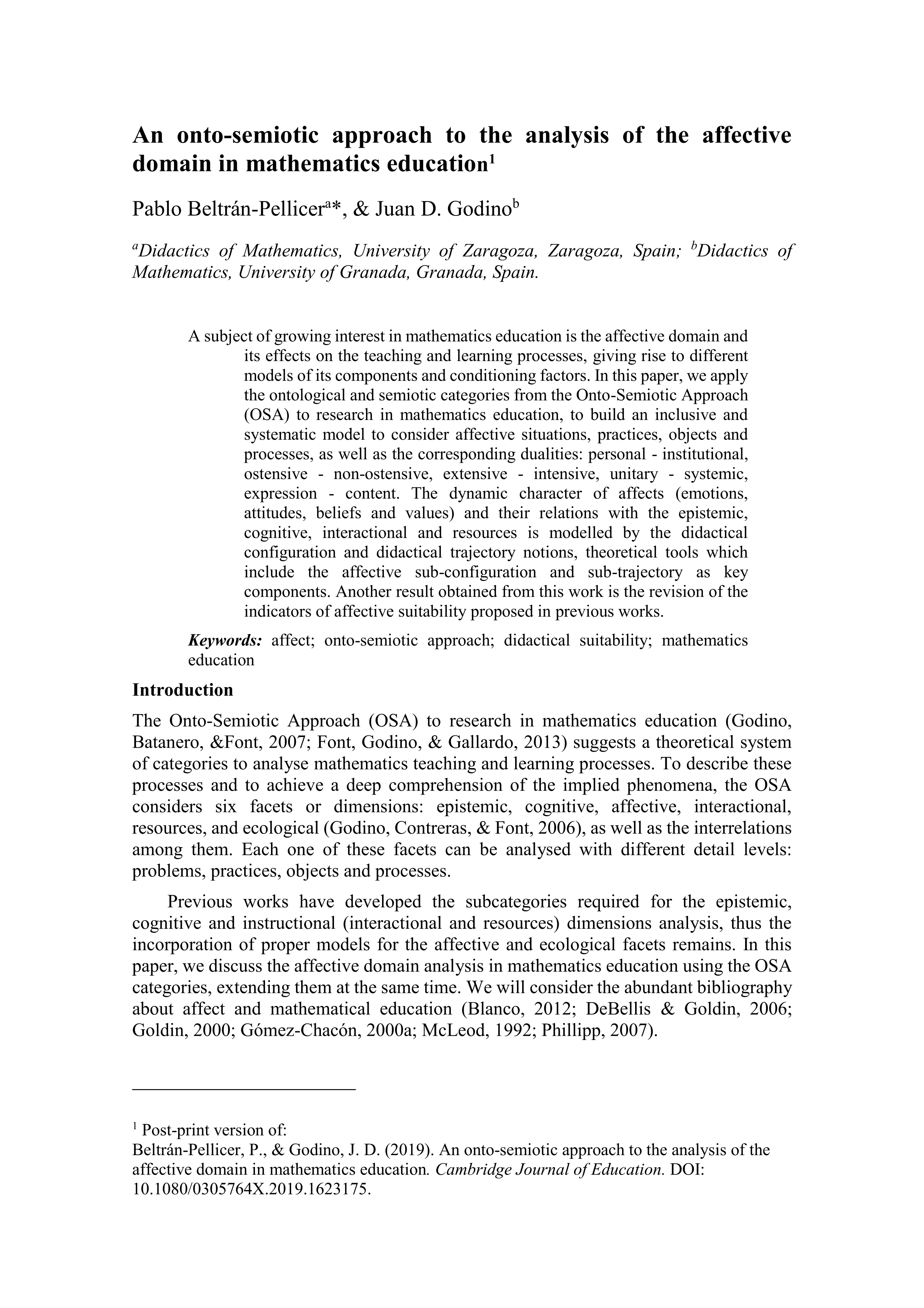 An onto-semiotic approach to the analysis of the affective domain in mathematics education