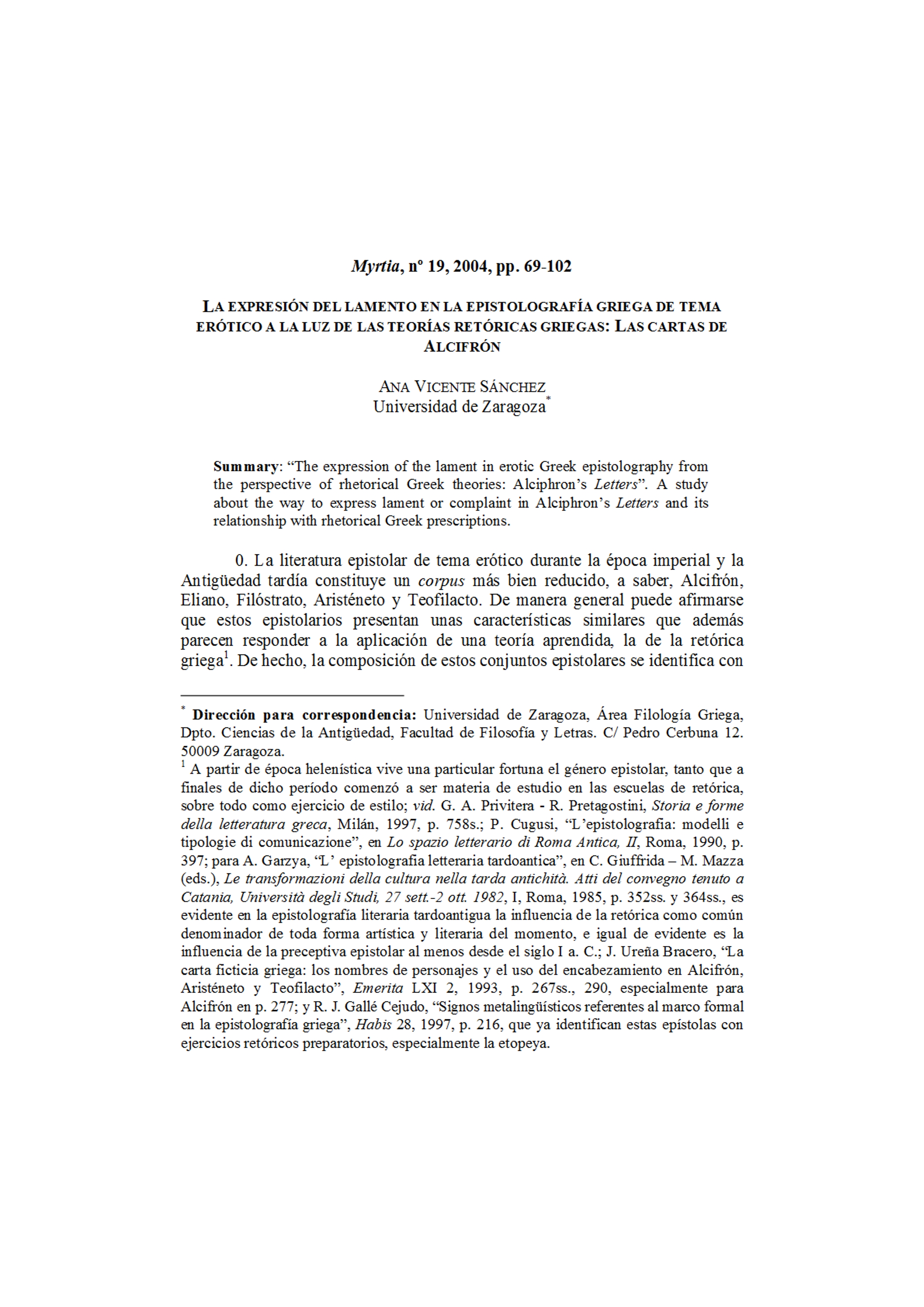 La expresión del lamento en la epistolografía griega de tema erótico a la luz de las teorías retóricas griegas: las cartas de Alcifrón