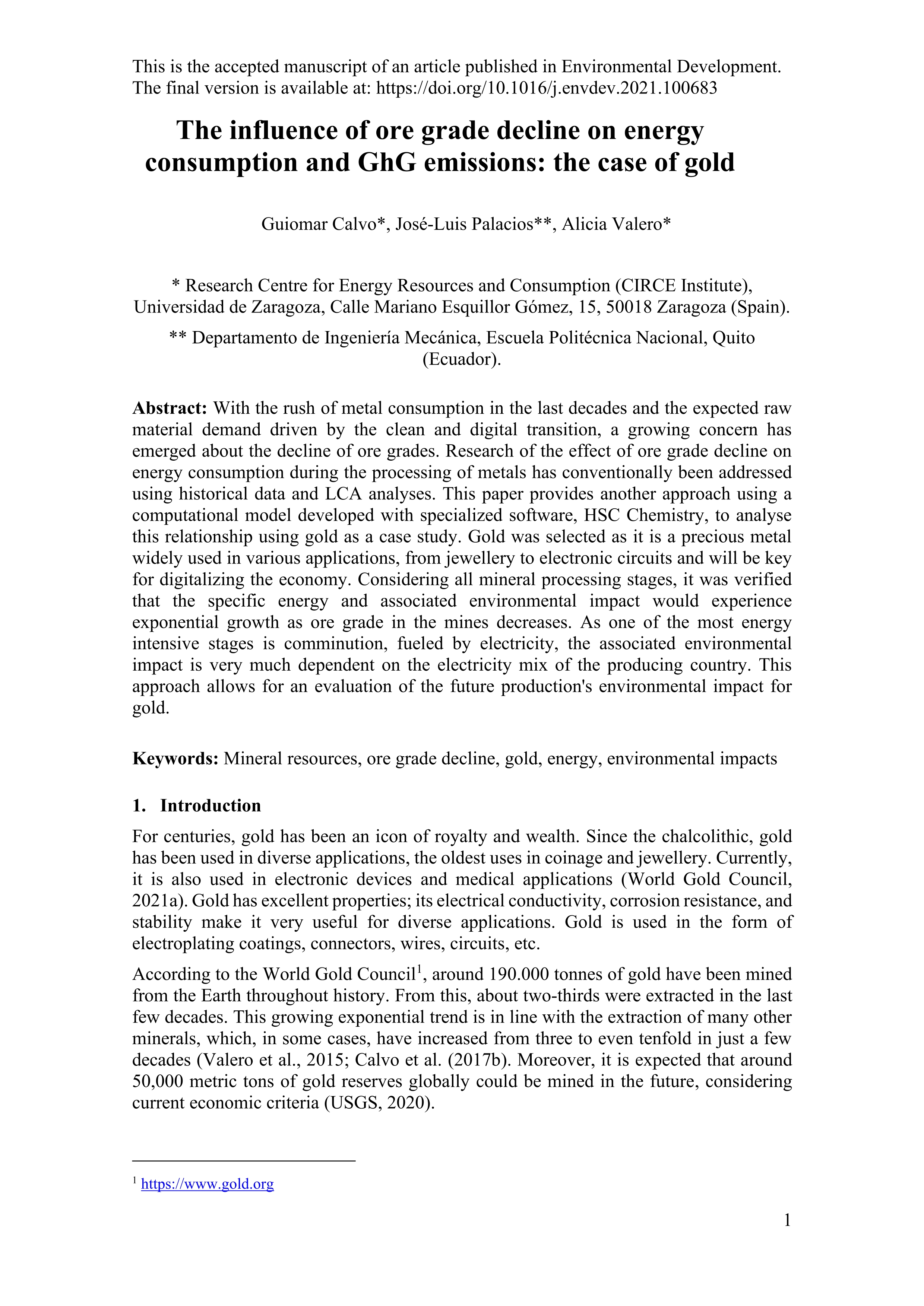 The influence of ore grade decline on energy consumption and GhG emissions: the case of gold