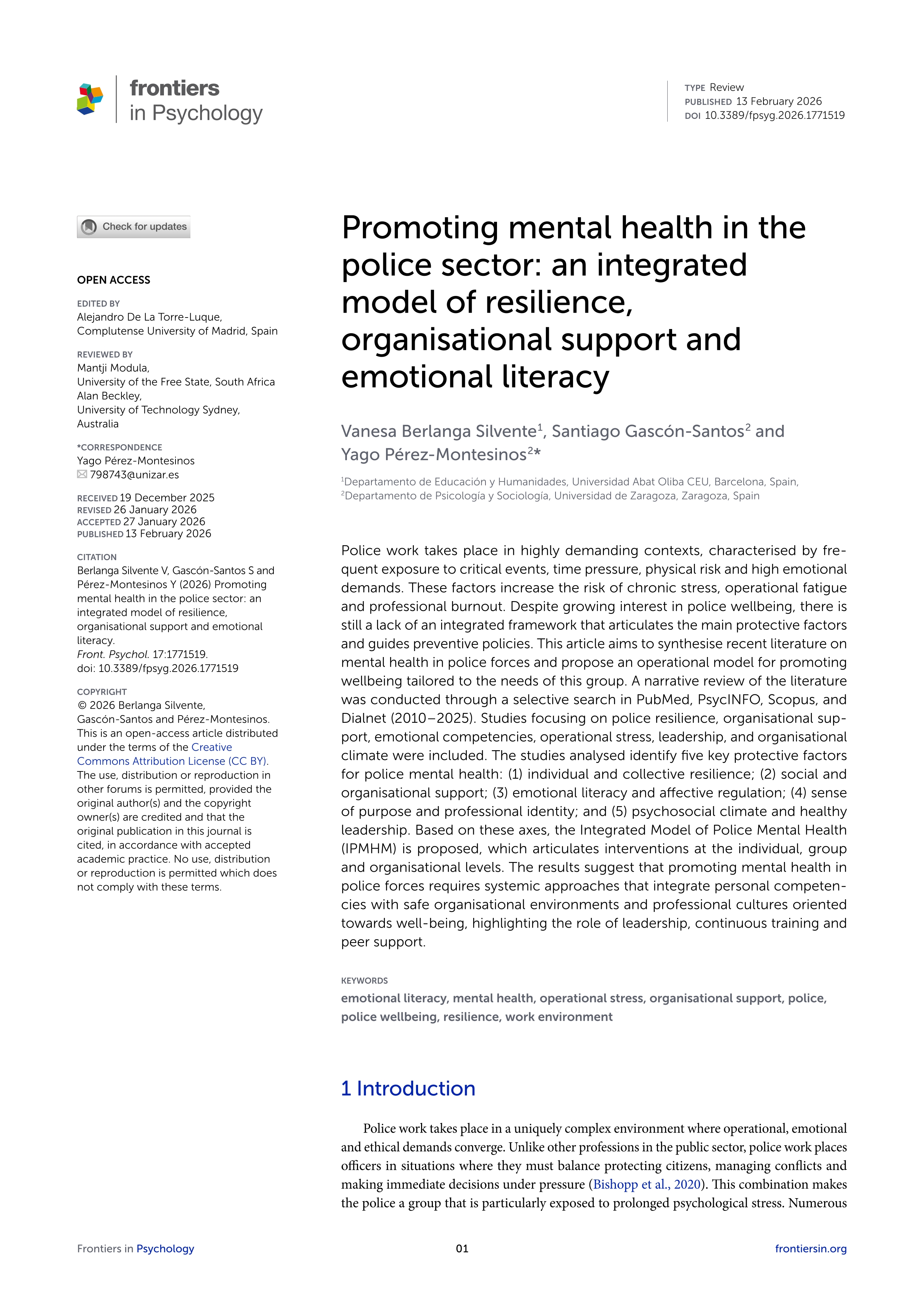 Promoting mental health in the police sector: an integrated model of resilience, organisational support and emotional literacy