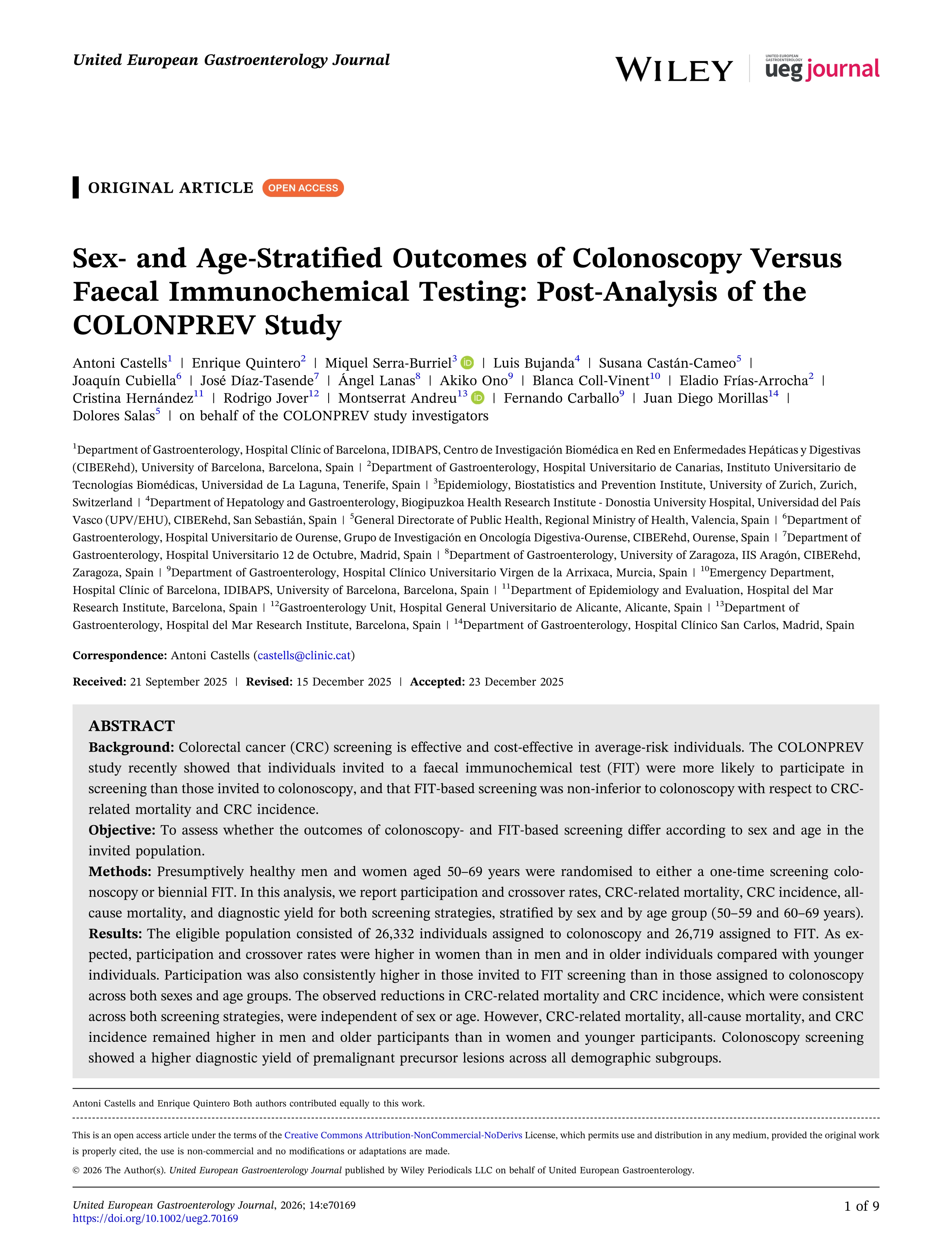 Sex‐ and Age‐Stratified Outcomes of Colonoscopy Versus Faecal Immunochemical Testing: Post‐Analysis of the COLONPREV Study