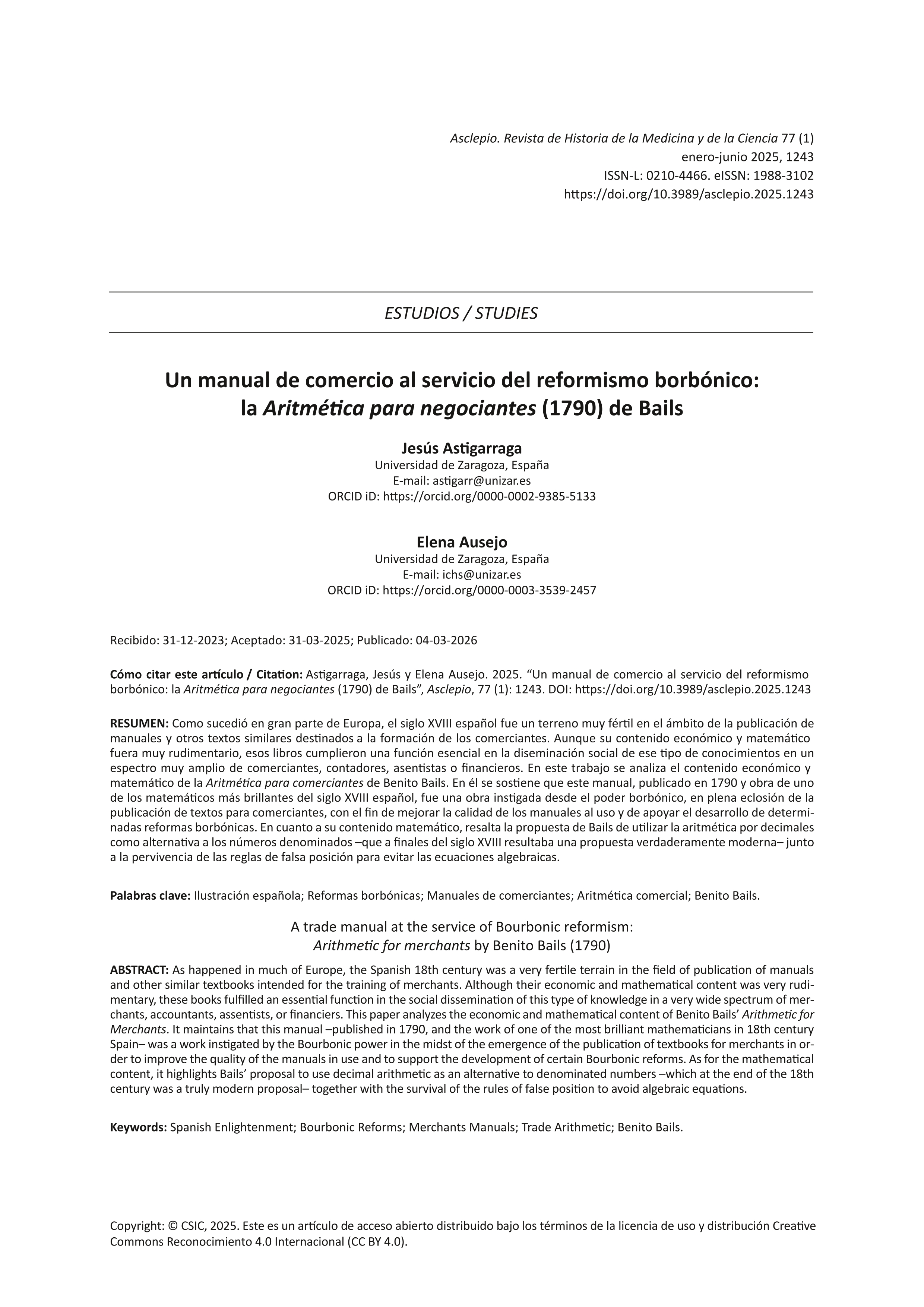 Un manual de comercio al servicio del reformismo borbónico: la Aritmética para negociantes (1790) de Bails