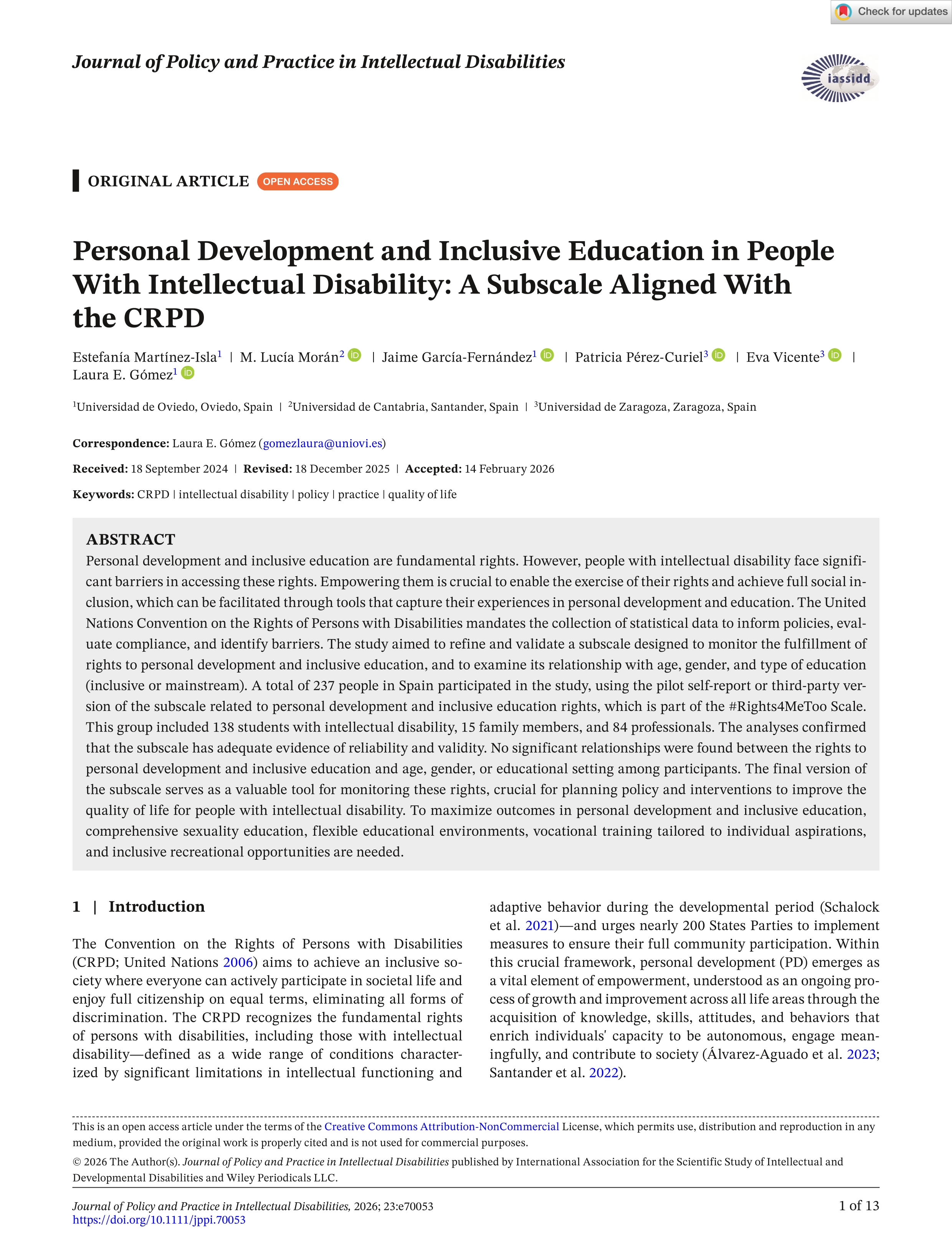 Personal Development and Inclusive Education in People With Intellectual Disability: A Subscale Aligned With the CRPD