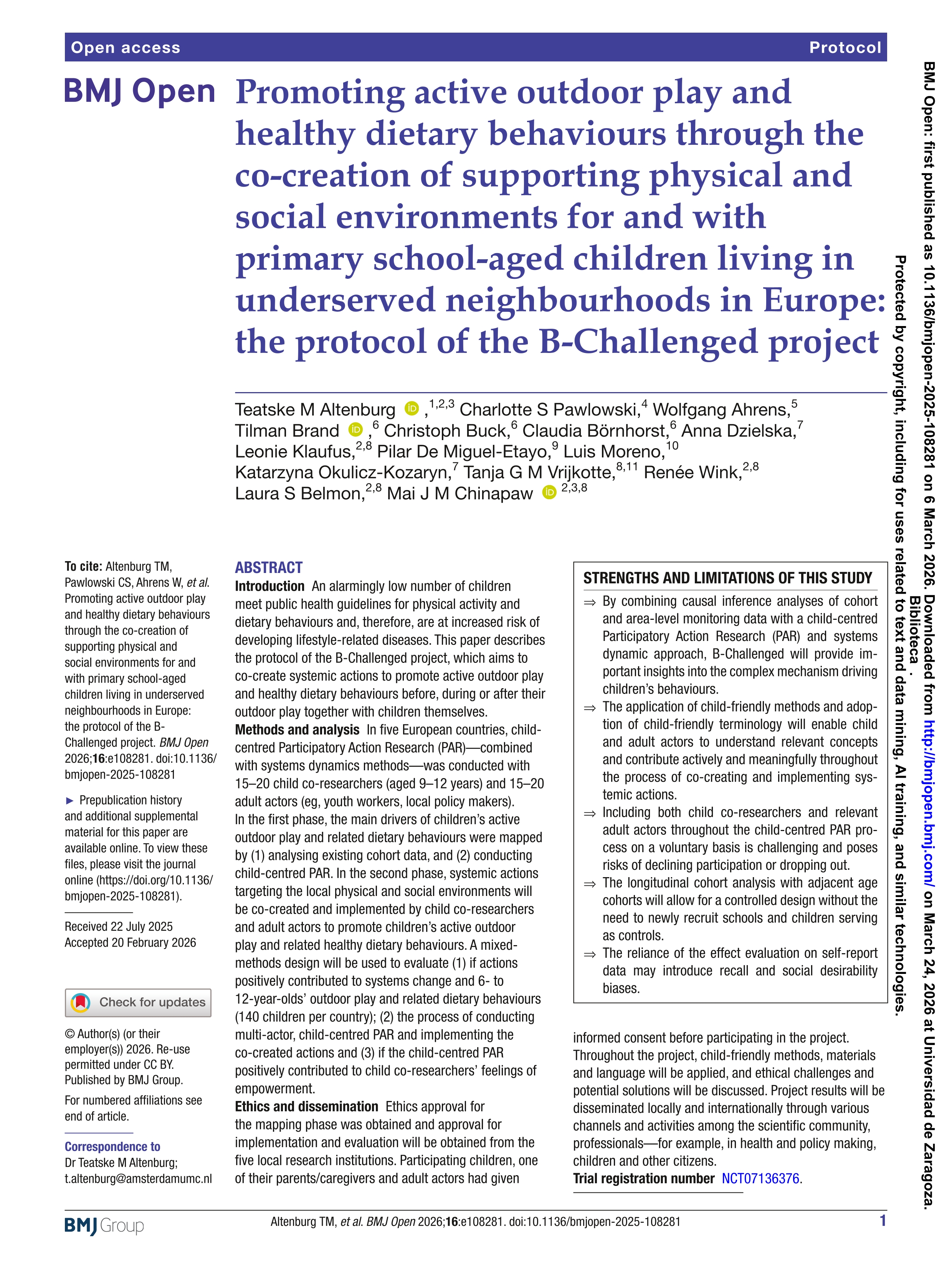 Promoting active outdoor play and healthy dietary behaviours through the co-creation of supporting physical and social environments for and with primary school-aged children living in underserved neighbourhoods in Europe: the protocol of the B-Challenged project