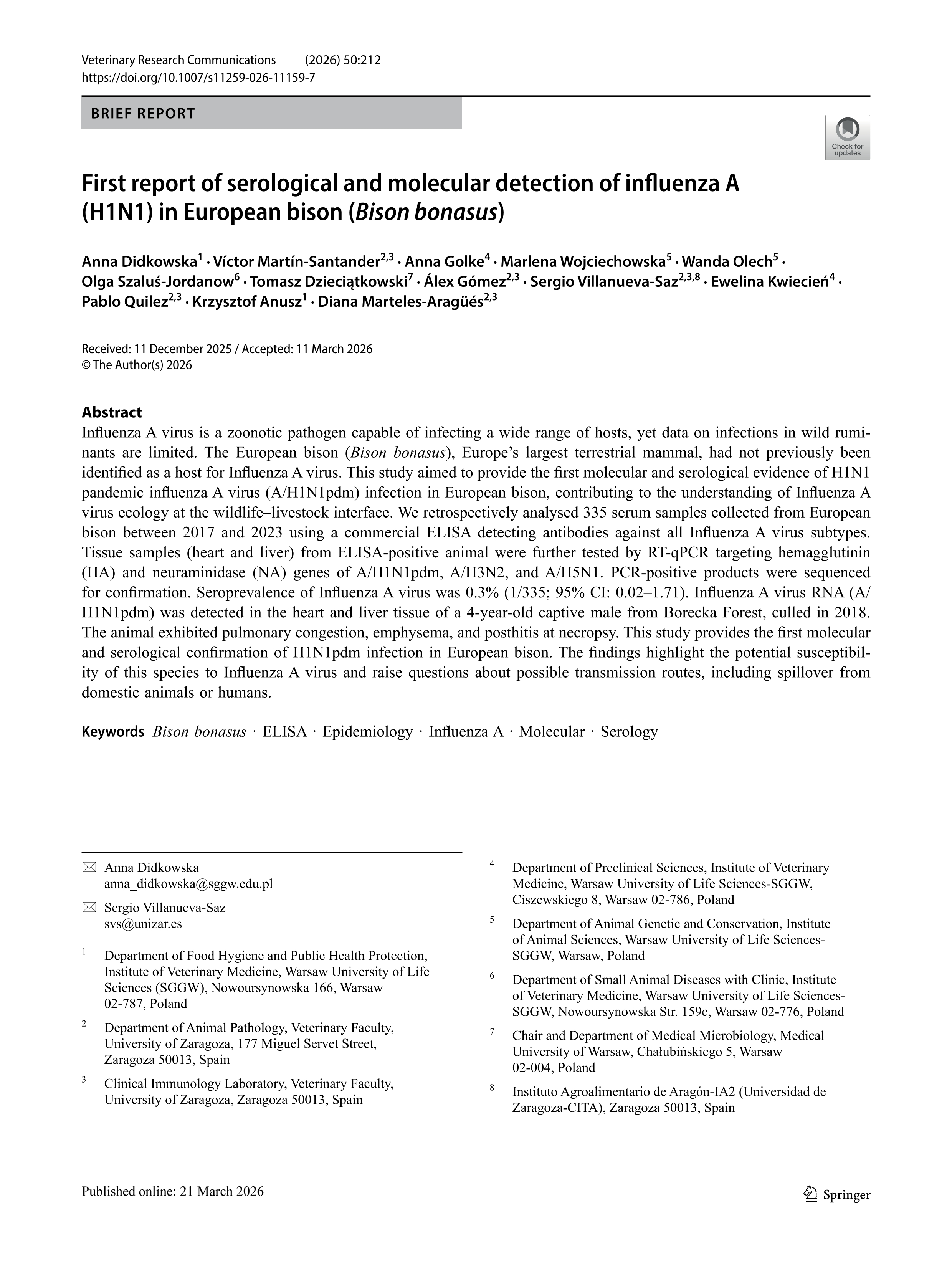 First report of serological and molecular detection of influenza a (h1n1) in european bison (bison bonasus)
