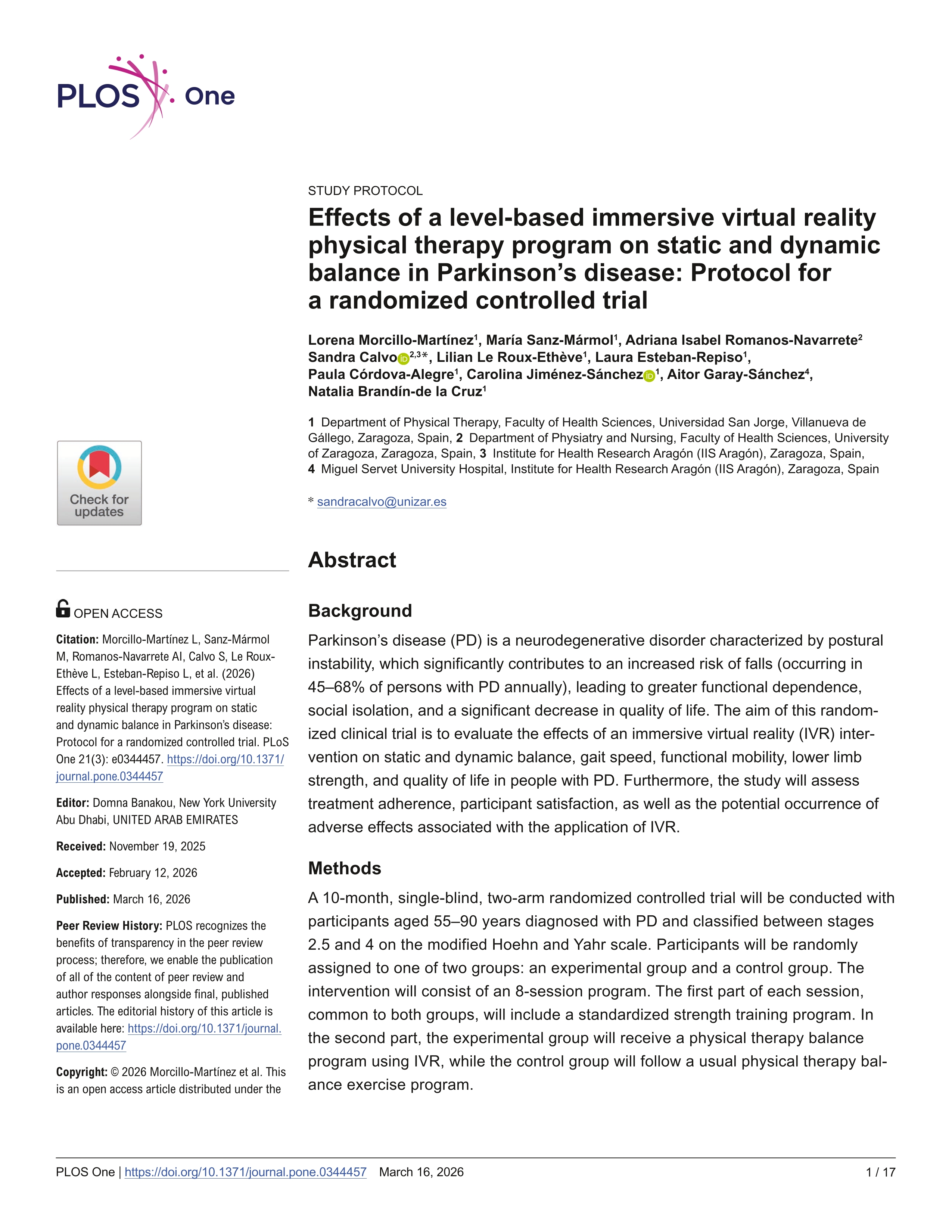 Effects of a level-based immersive virtual reality physical therapy program on static and dynamic balance in Parkinson’s disease: Protocol for a randomized controlled trial