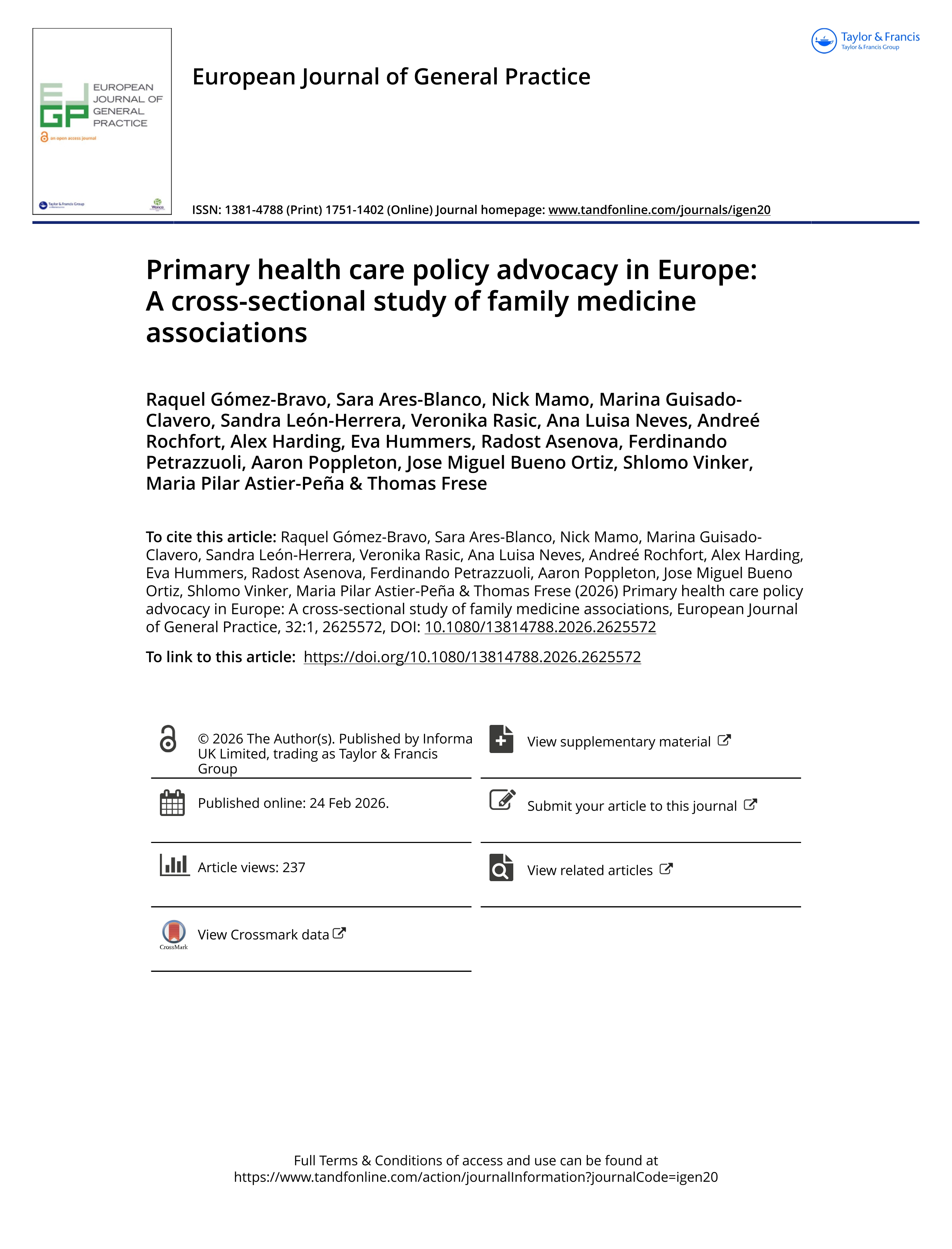 Primary health care policy advocacy in Europe: A cross-sectional study of family medicine associations